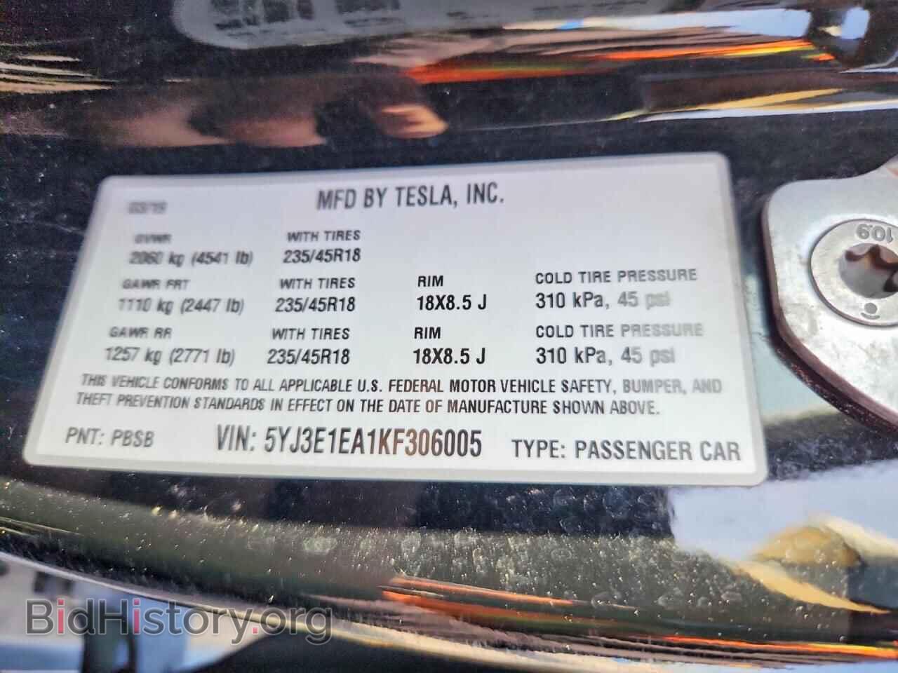 2019 TESLA MODEL 3 - VIN: 5YJ3E1EA1KF306005 - Фото 12