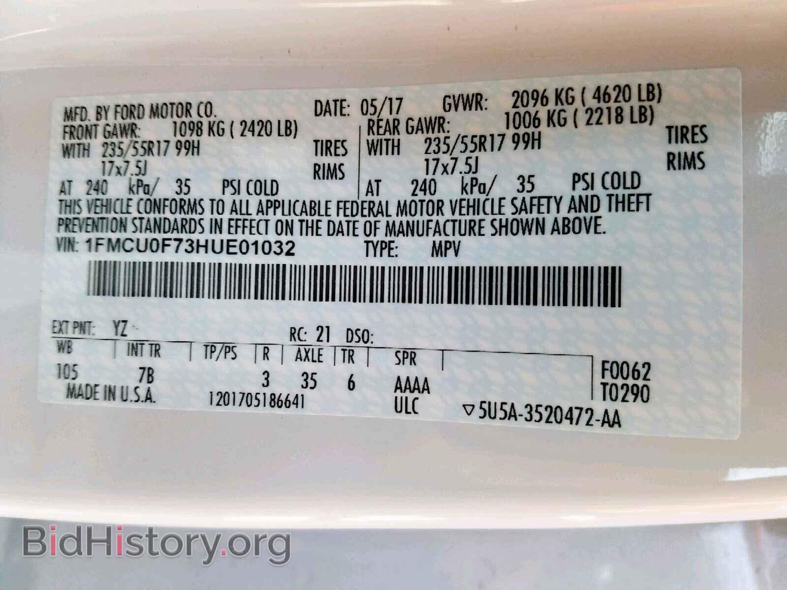 2017 FORD ESCAPE S - VIN: 1FMCU0F73HUE01032 - Фото 10