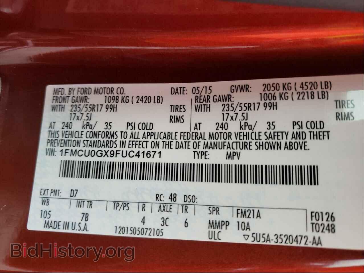 2015 FORD ESCAPE - VIN: 1FMCU0GX9FUC41671 - Фото 10