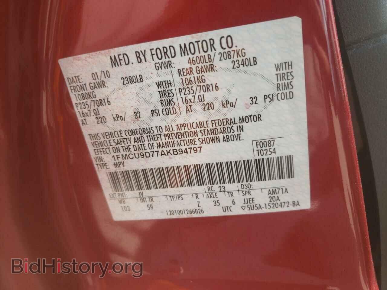 2010 FORD ESCAPE - VIN: 1FMCU9D77AKB94797 - Фото 10