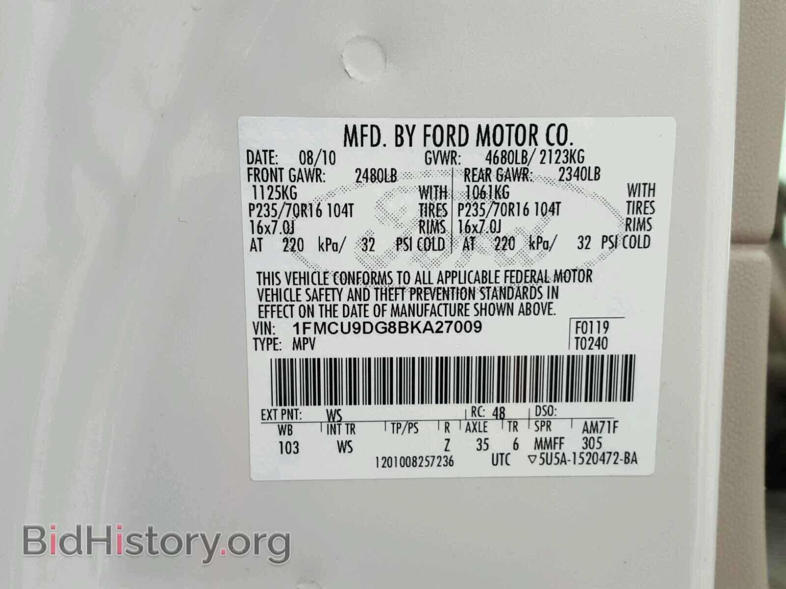 2011 FORD ESCAPE - VIN: 1FMCU9DG8BKA27009 - Фото 10