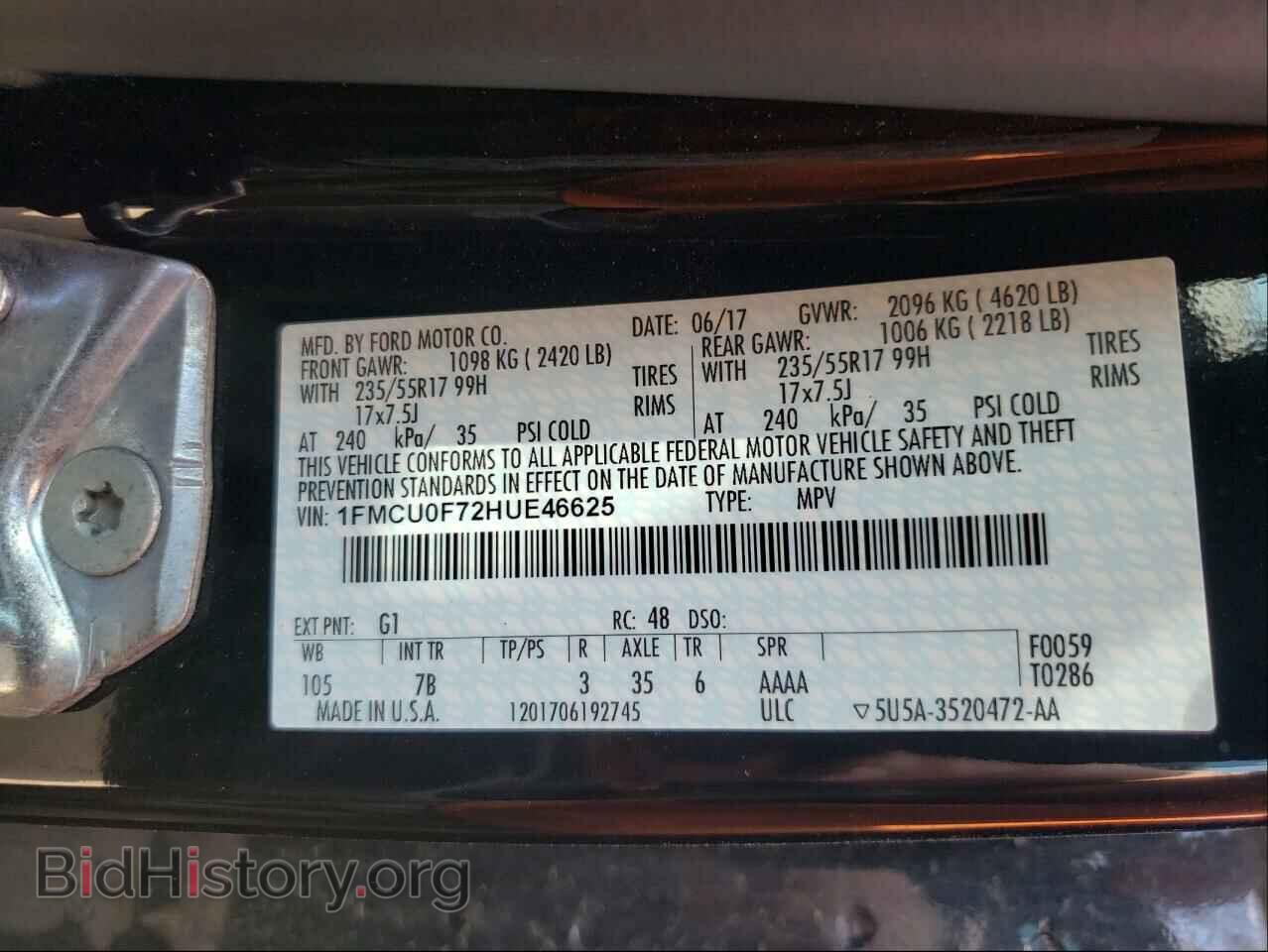 2017 FORD ESCAPE - VIN: 1FMCU0F72HUE46625 - Фото 10