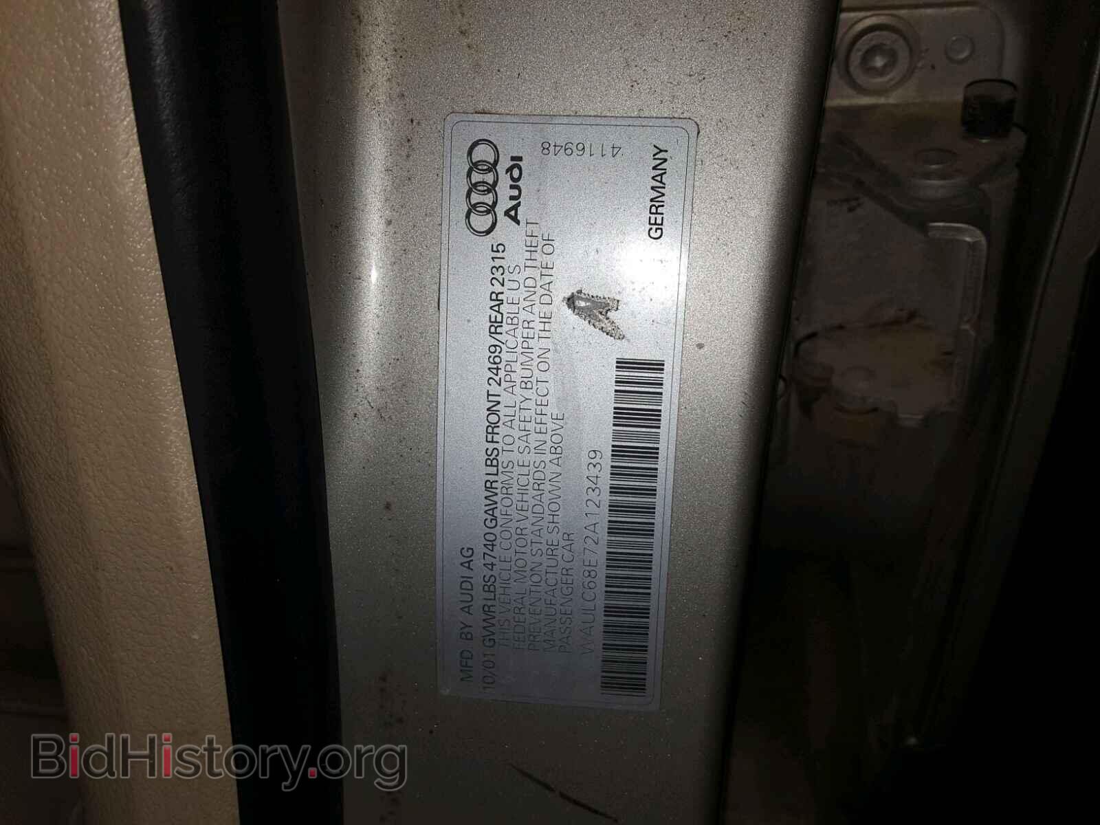 2002 AUDI A4 - VIN: WAULC68E72A123439 - Фото 10