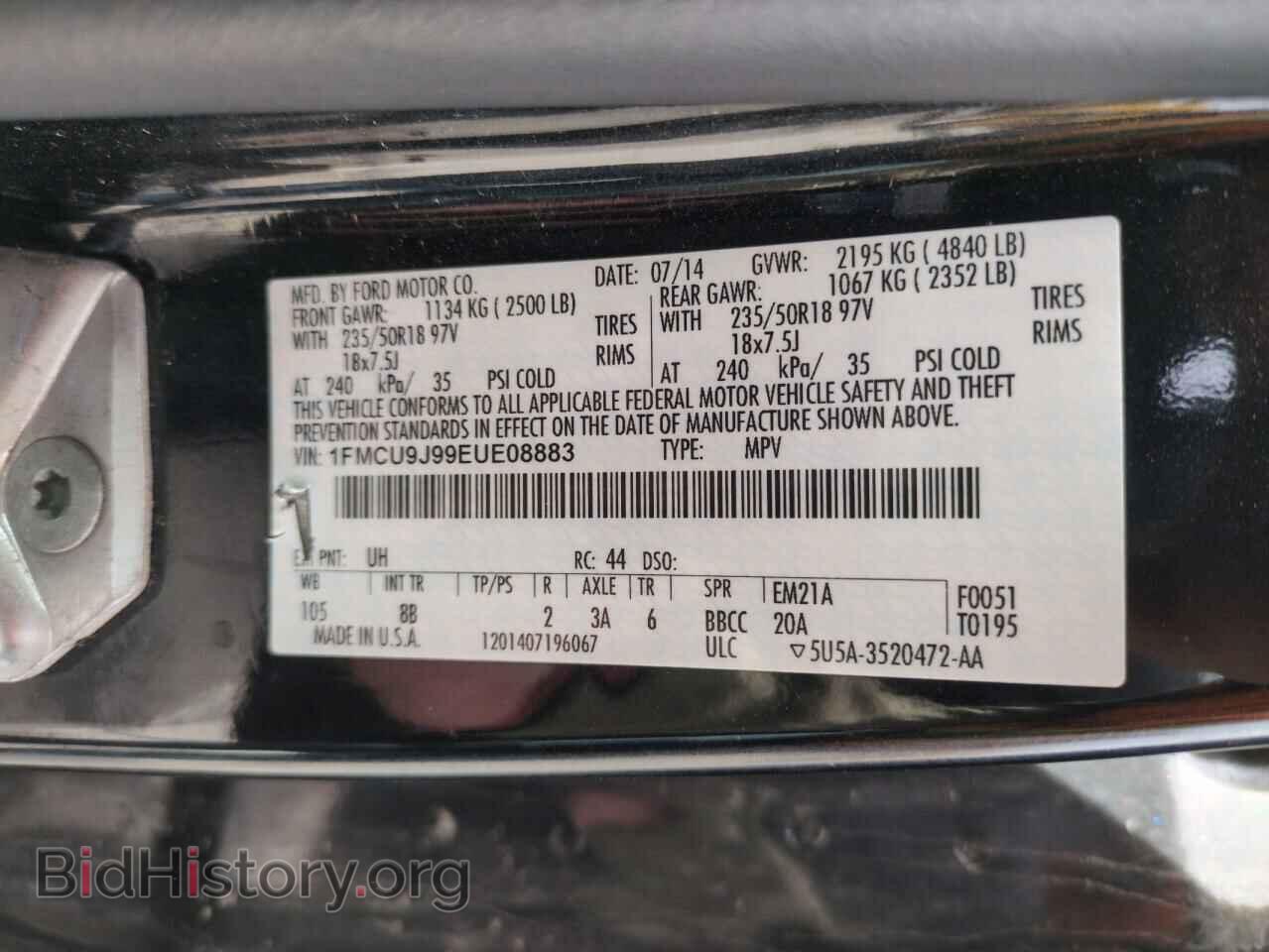 2014 FORD ESCAPE - VIN: 1FMCU9J99EUE08883 - Фото 14
