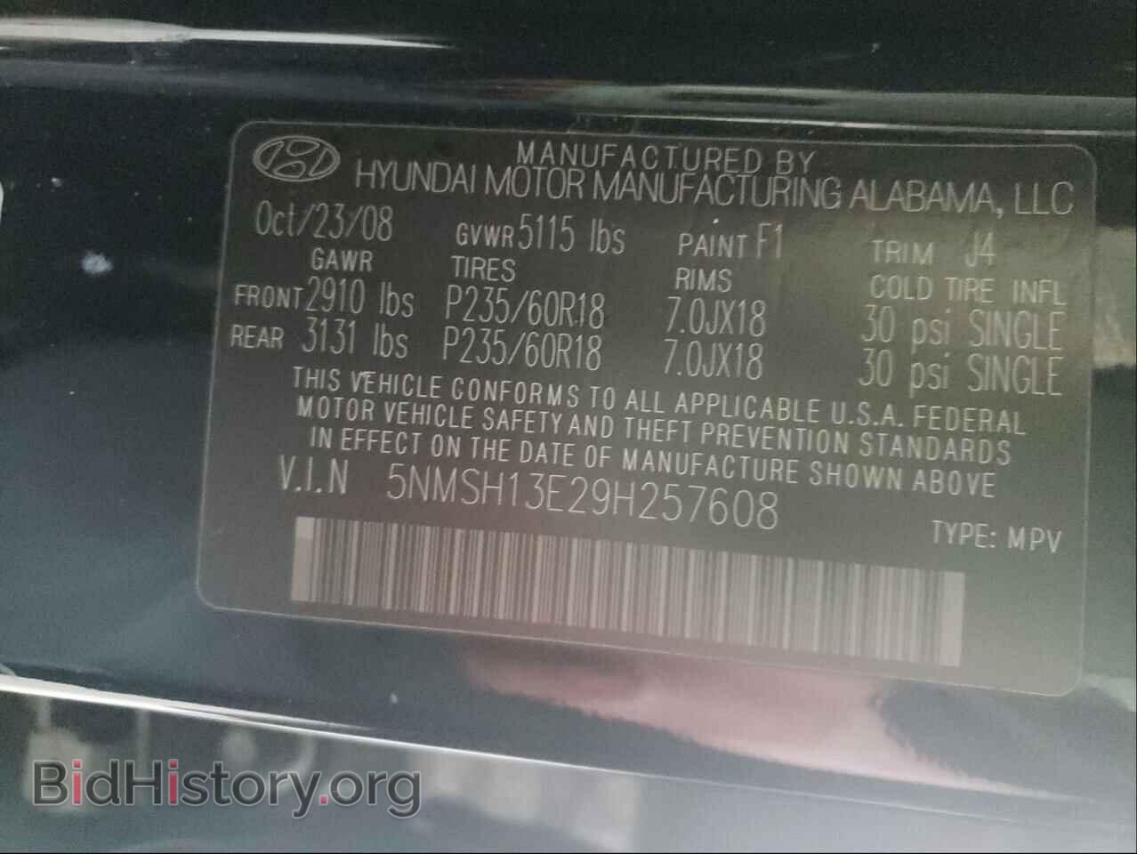 2009 HYUNDAI SANTA FE - VIN: 5NMSH13E29H257608 - Фото 10