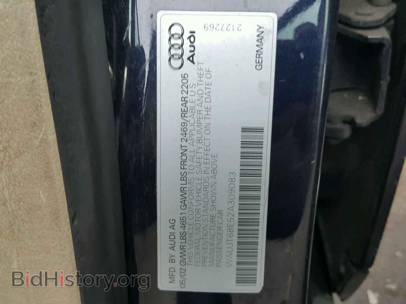 2002 AUDI A4 - VIN: WAUJT68E52A309083 - Фото 10