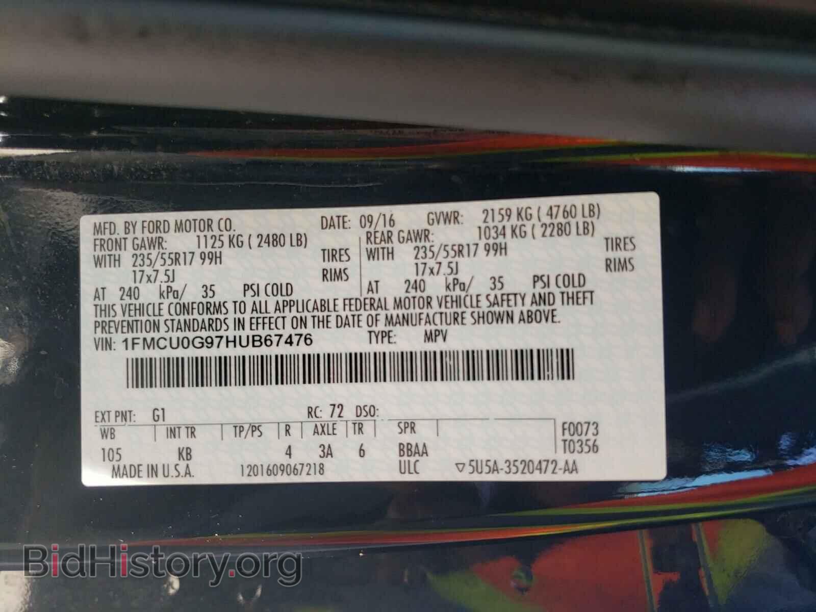 2017 FORD ESCAPE - VIN: 1FMCU0G97HUB67476 - Фото 10