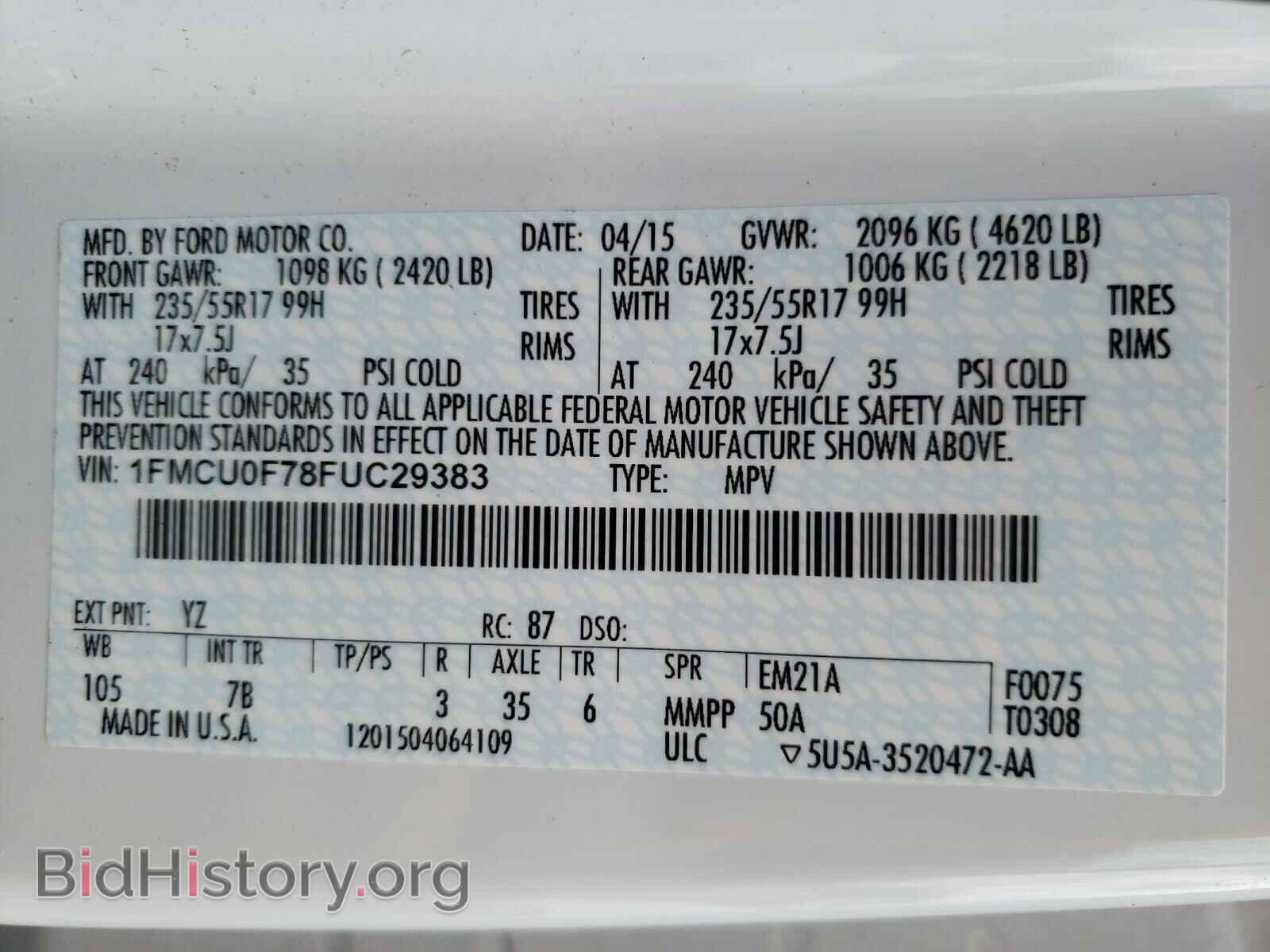 2015 FORD ESCAPE - VIN: 1FMCU0F78FUC29383 - Фото 10