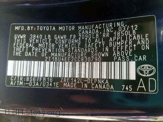 2012 TOYOTA COROLLA BA - VIN: 2T1BU4EE2CC830790 - Фото 10