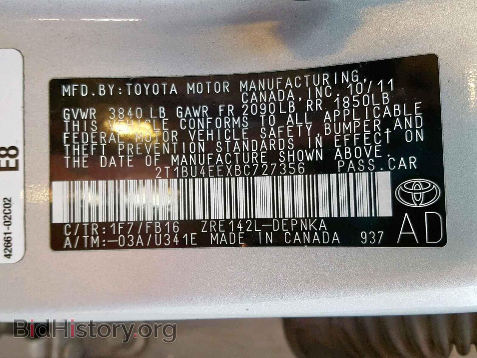2011 TOYOTA COROLLA BA - VIN: 2T1BU4EEXBC727356 - Фото 10
