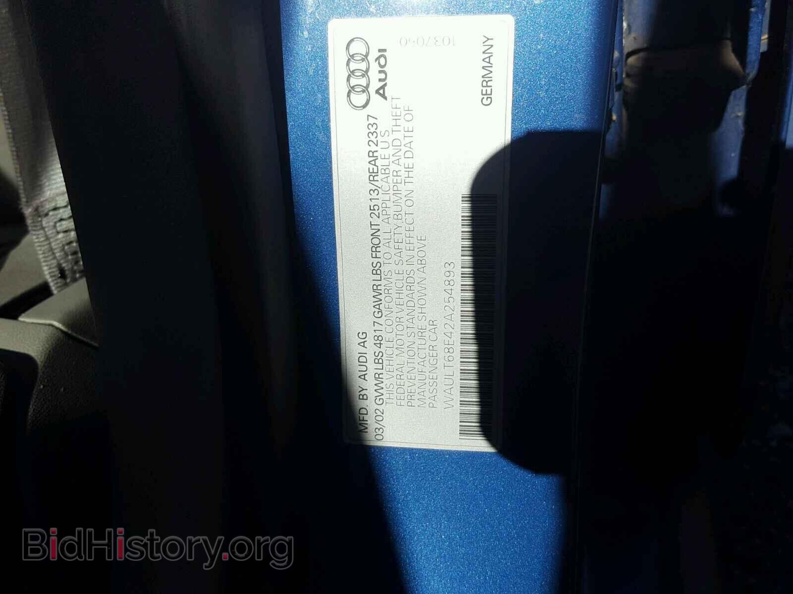 2002 AUDI A4 - VIN: WAULT68E42A254893 - Фото 10