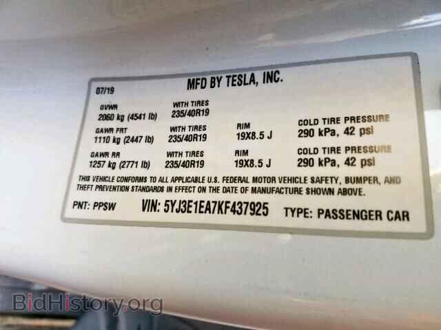 2019 TESLA MODEL 3 - VIN: 5YJ3E1EA7KF437925 - Фото 10