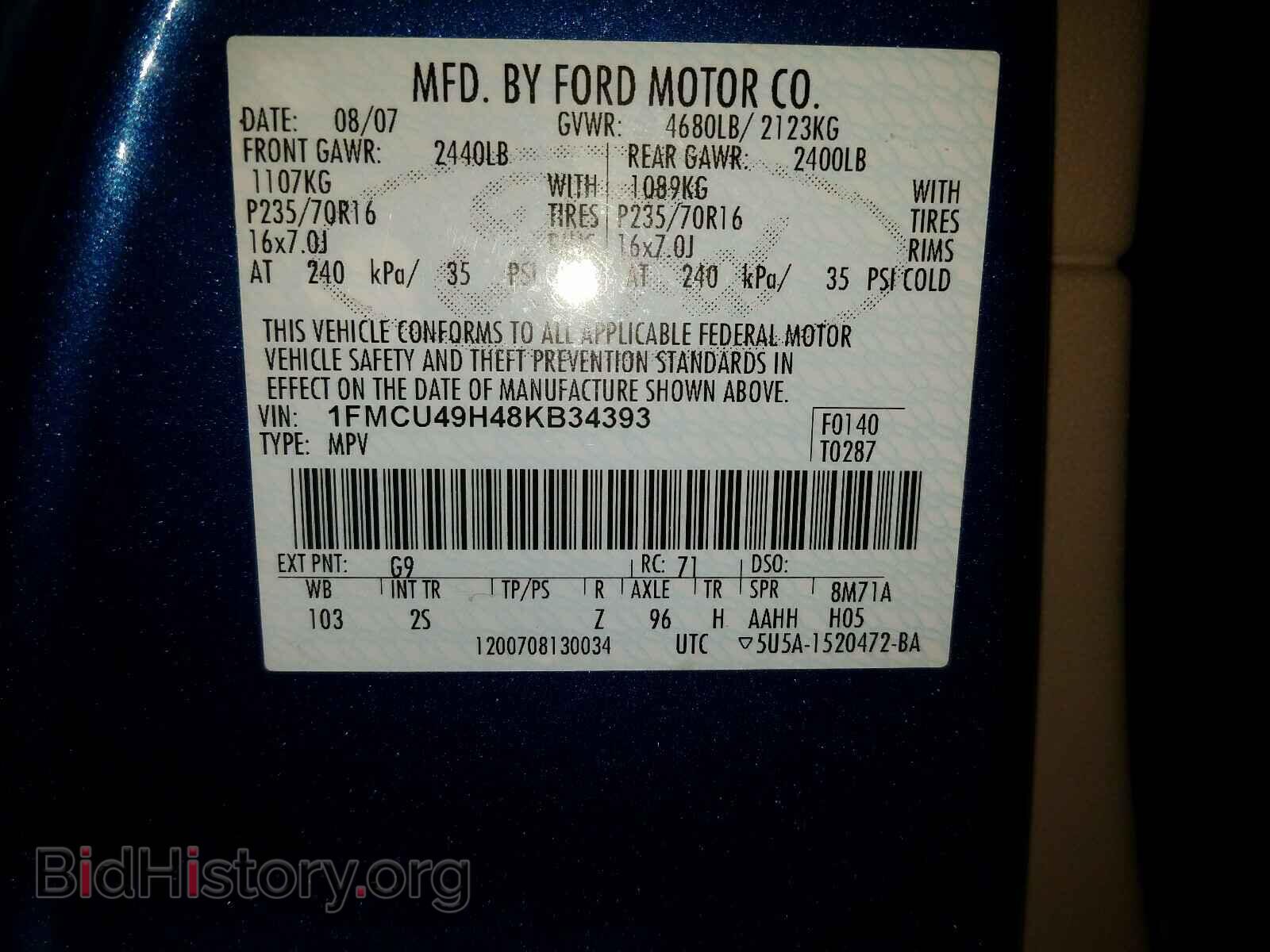 2008 FORD ESCAPE - VIN: 1FMCU49H48KB34393 - Фото 10