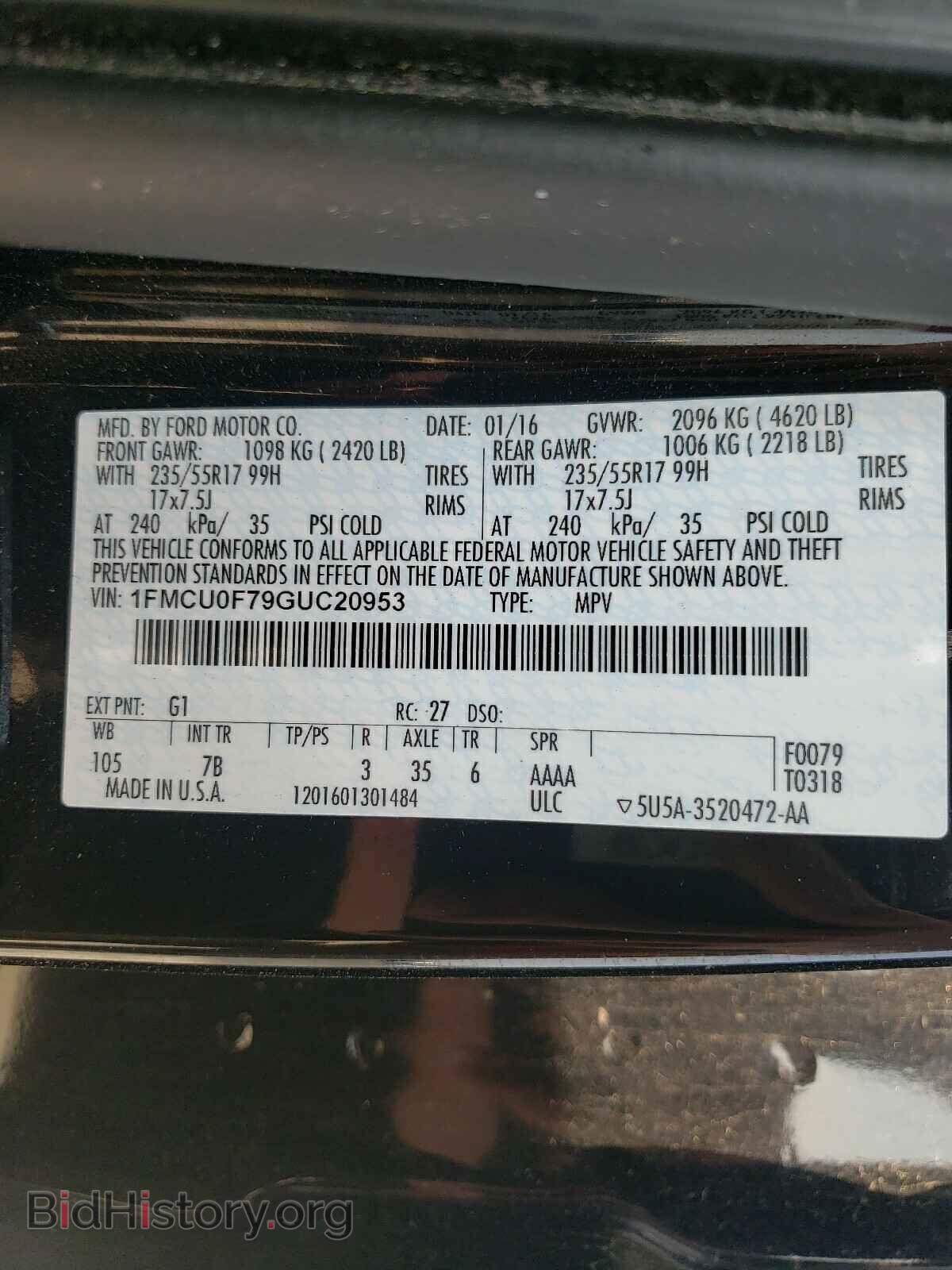 2016 FORD ESCAPE - VIN: 1FMCU0F79GUC20953 - Фото 10