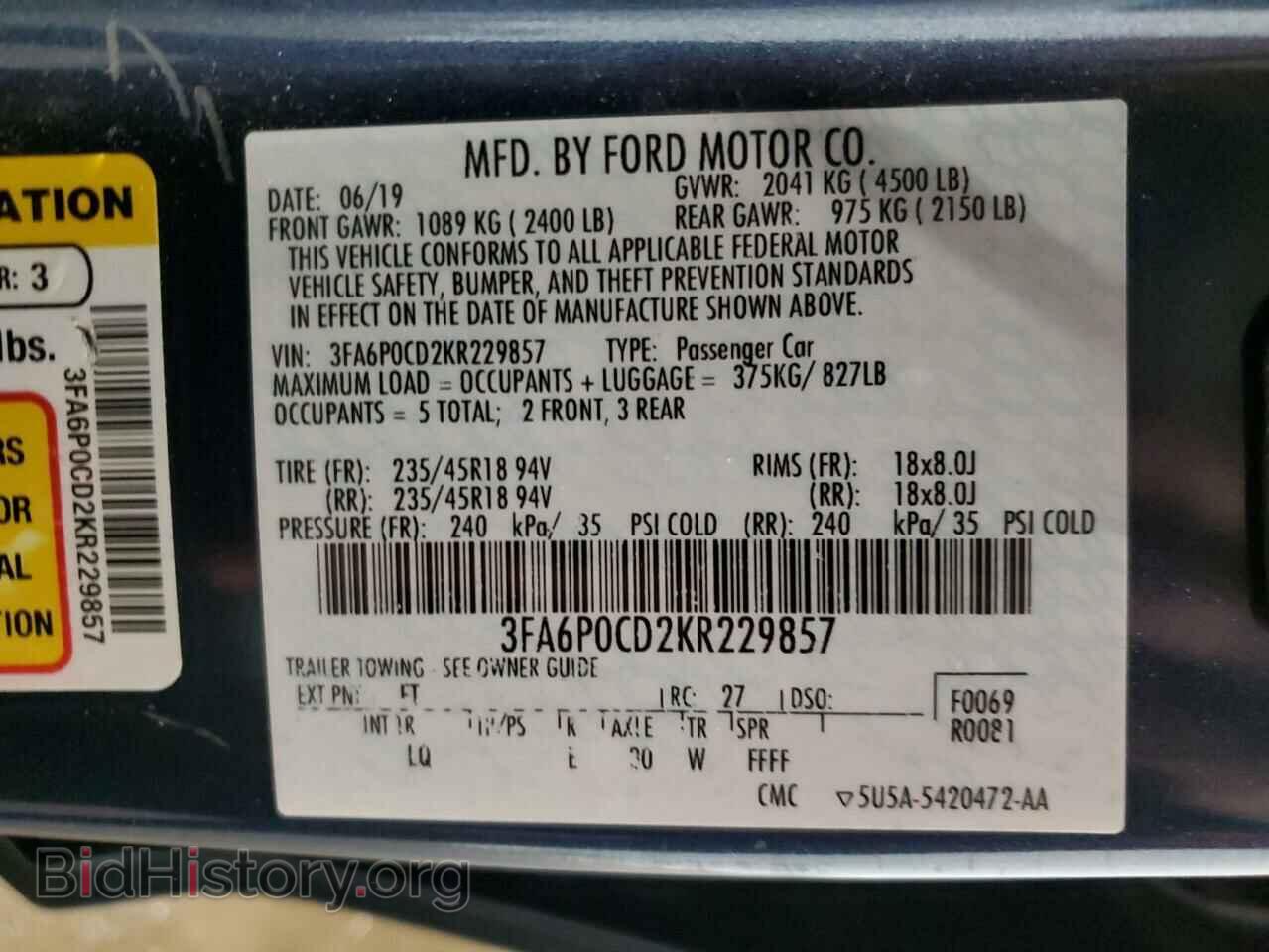 2019 FORD FUSION - VIN: 3FA6P0CD2KR229857 - Фото 13