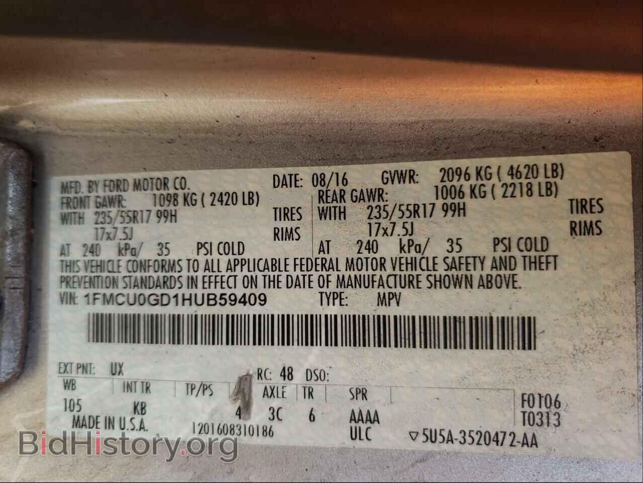 2017 FORD ESCAPE - VIN: 1FMCU0GD1HUB59409 - Фото 10