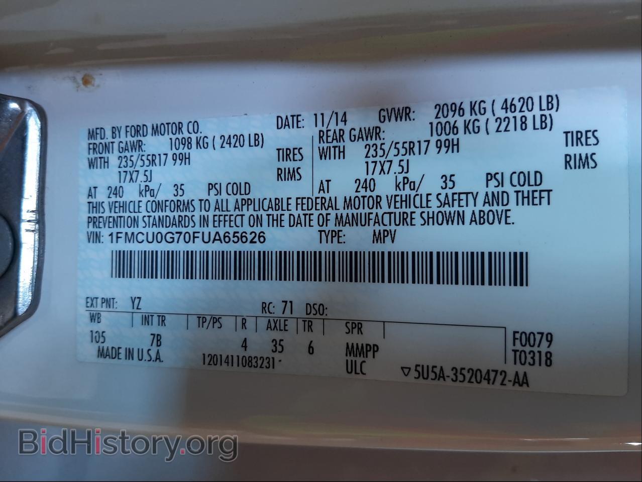 2015 FORD ESCAPE - VIN: 1FMCU0G70FUA65626 - Фото 10
