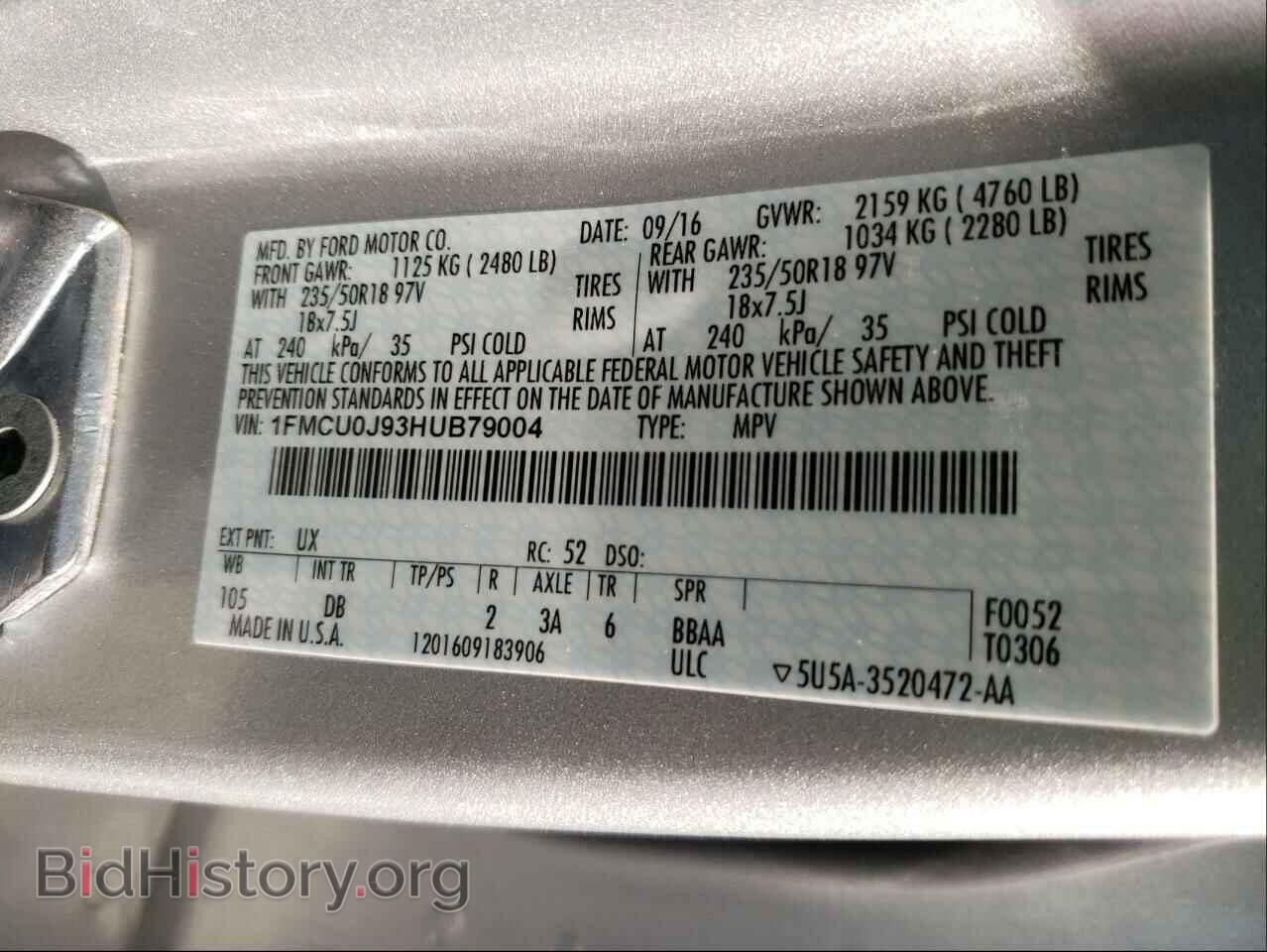 2017 FORD ESCAPE - VIN: 1FMCU0J93HUB79004 - Фото 10
