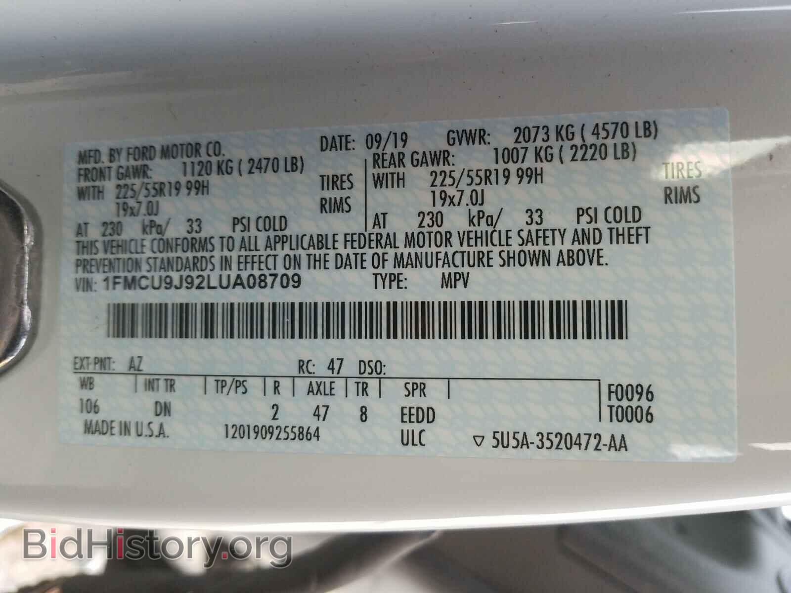 2020 FORD ESCAPE - VIN: 1FMCU9J92LUA08709 - Фото 10