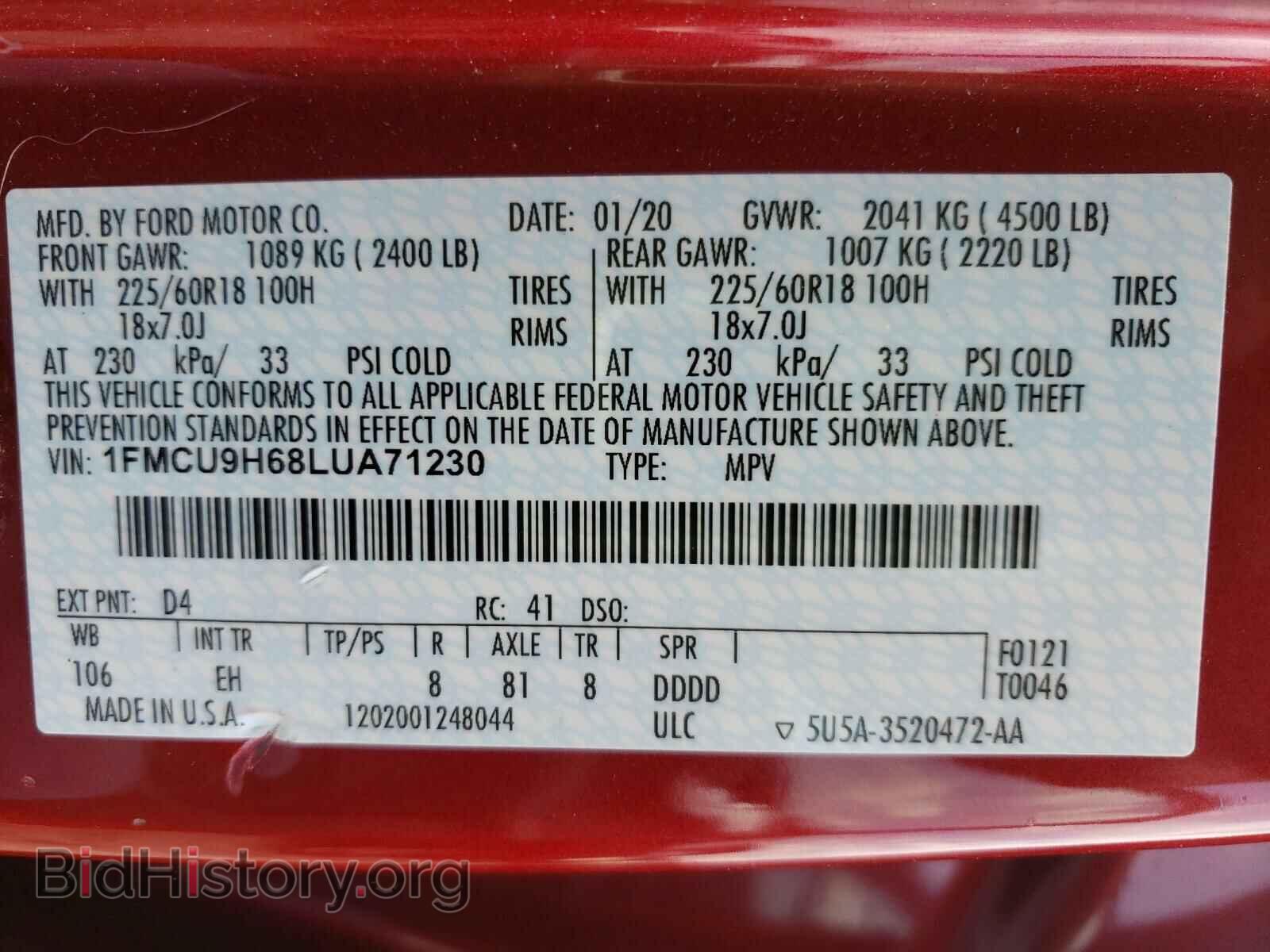 2020 FORD ESCAPE - VIN: 1FMCU9H68LUA71230 - Фото 10