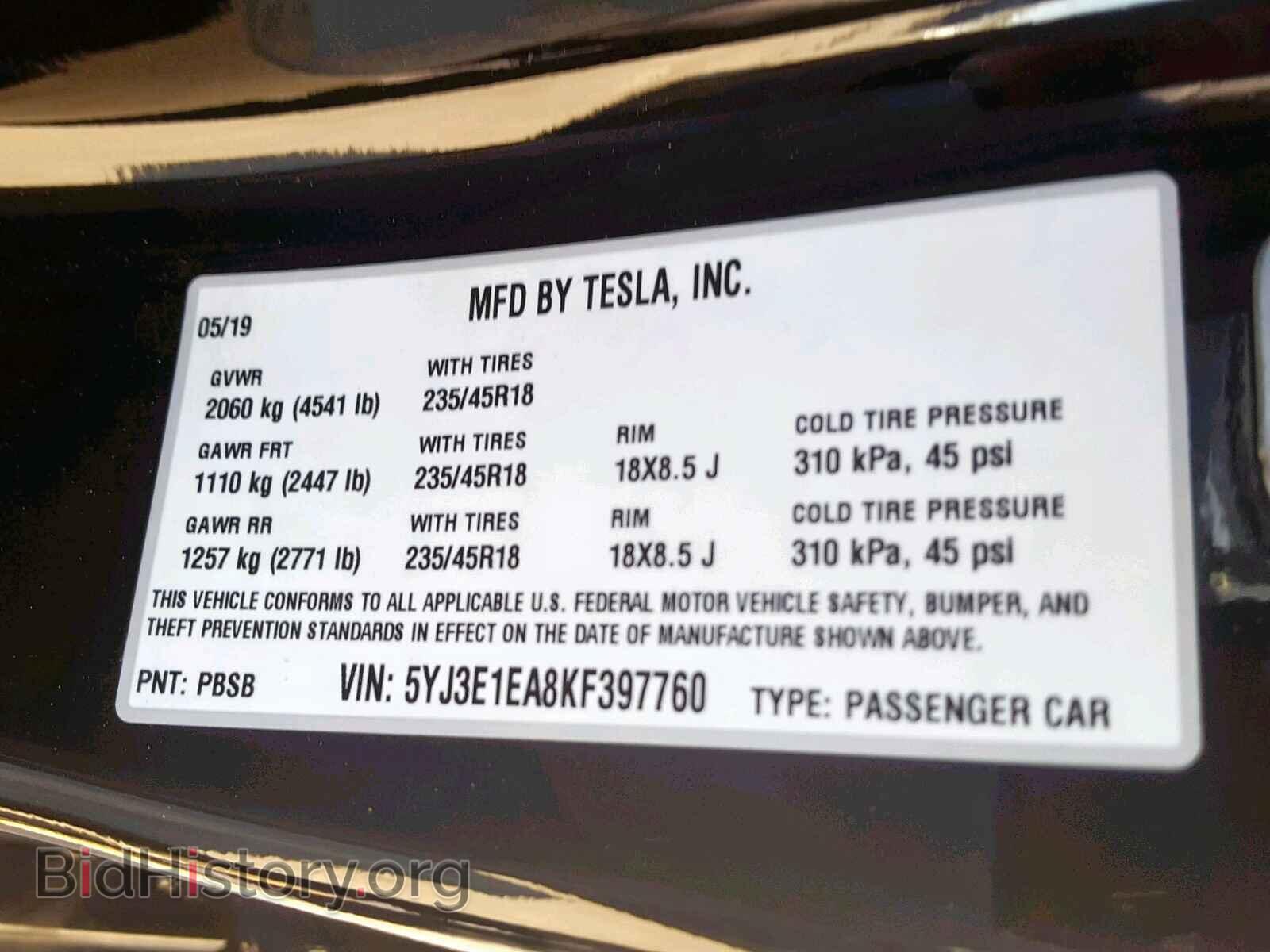 2019 TESLA MODEL 3 - VIN: 5YJ3E1EA8KF397760 - Фото 10