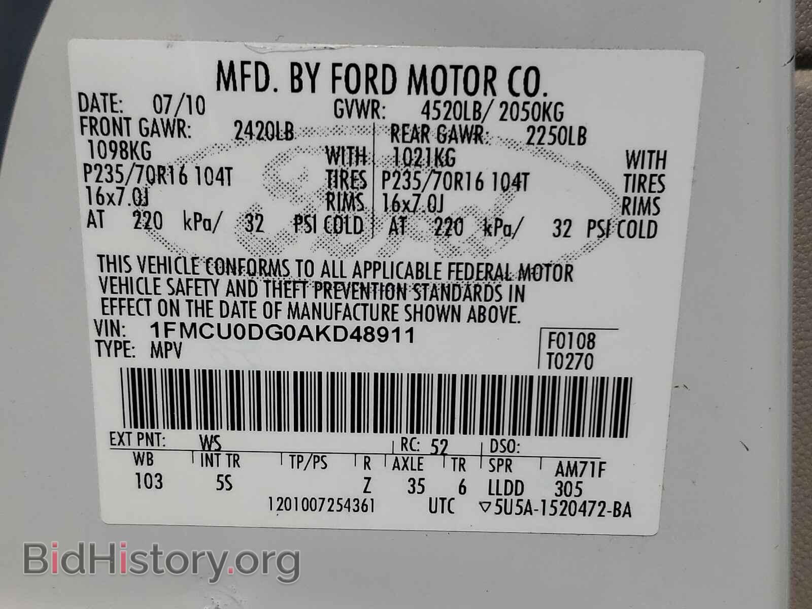 2010 FORD ESCAPE - VIN: 1FMCU0DG0AKD48911 - Фото 10