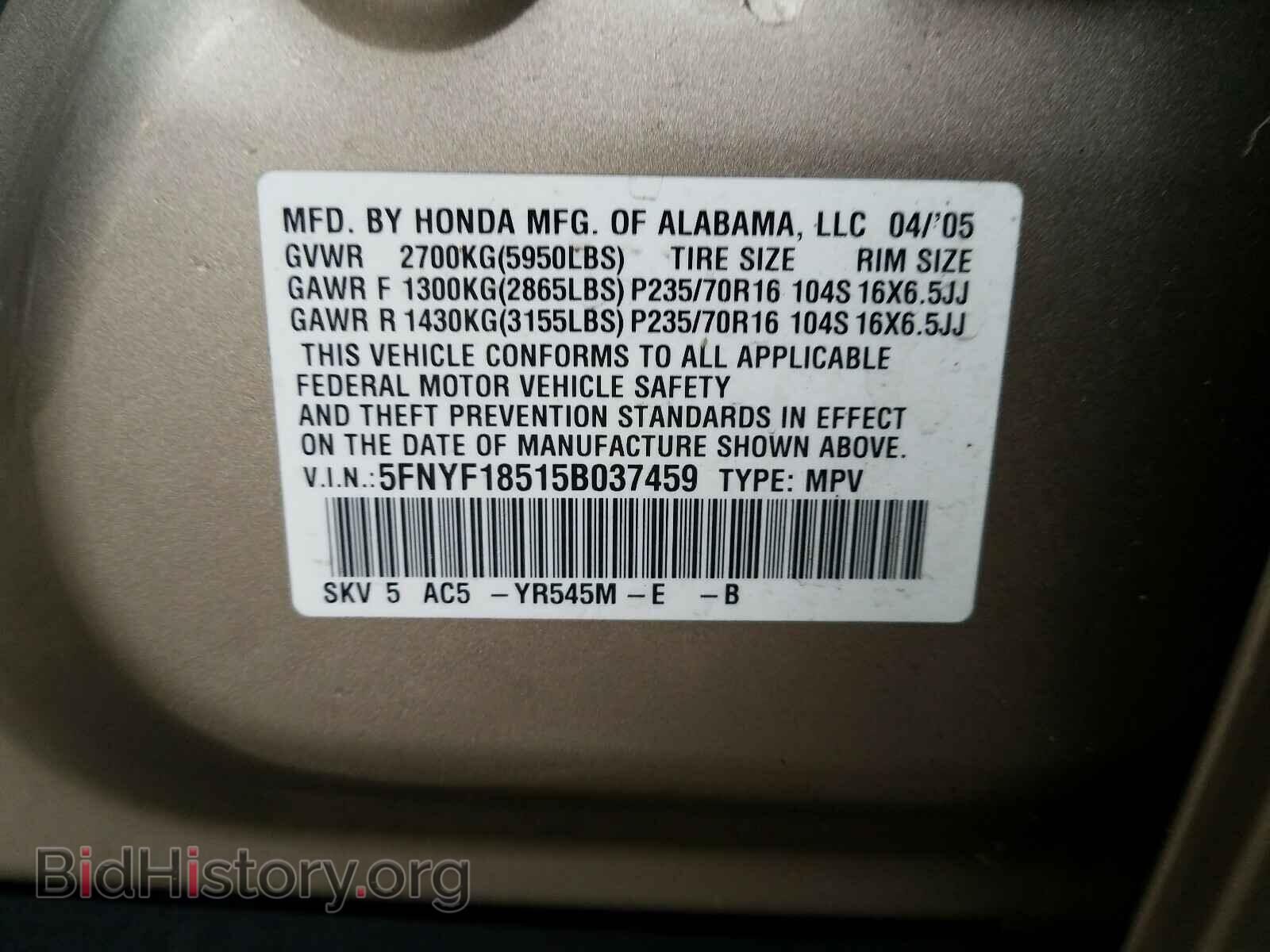 2005 HONDA PILOT - VIN: 5FNYF18515B037459 - Фото 10