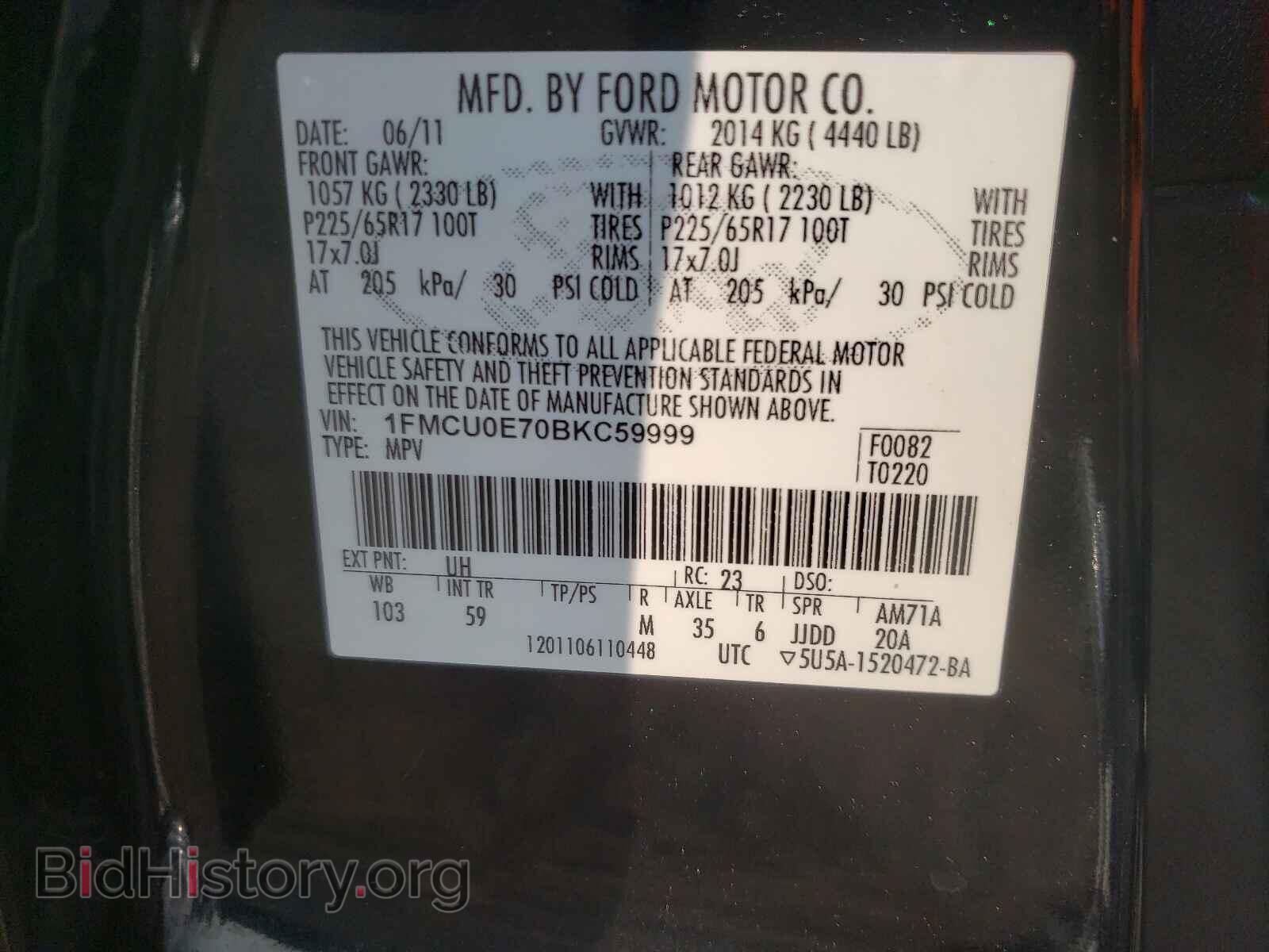 2011 FORD ESCAPE - VIN: 1FMCU0E70BKC59999 - Фото 10