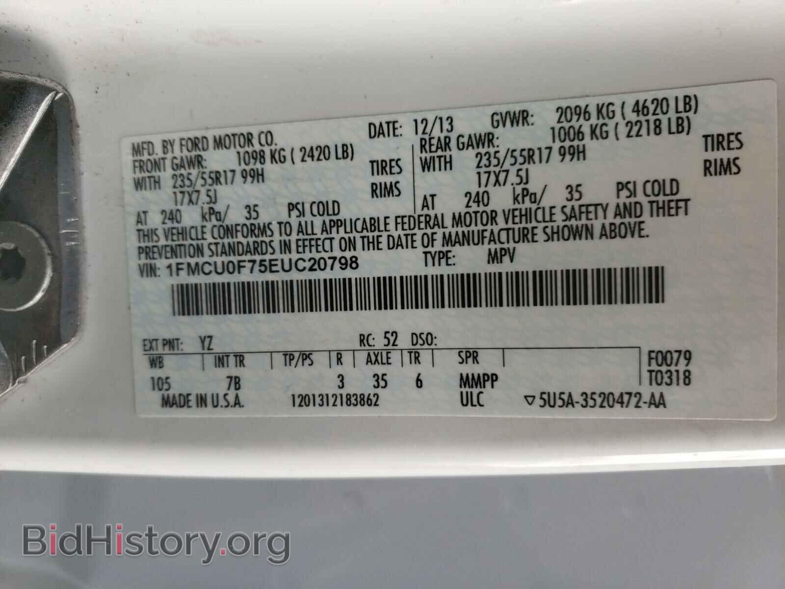 2014 FORD ESCAPE - VIN: 1FMCU0F75EUC20798 - Фото 10