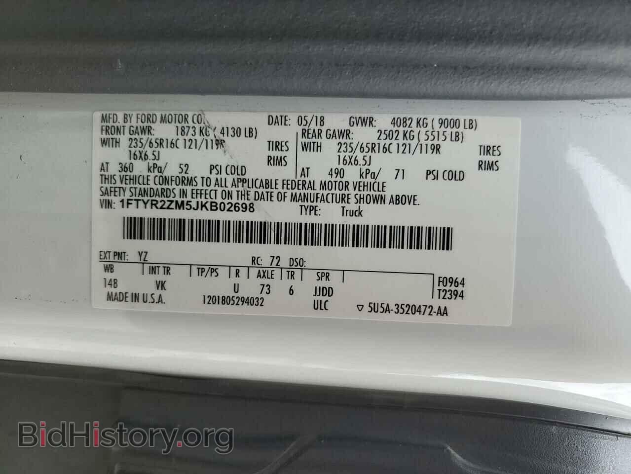 2018 FORD TRANSIT - VIN: 1FTYR2ZM5JKB02698 - Фото 13