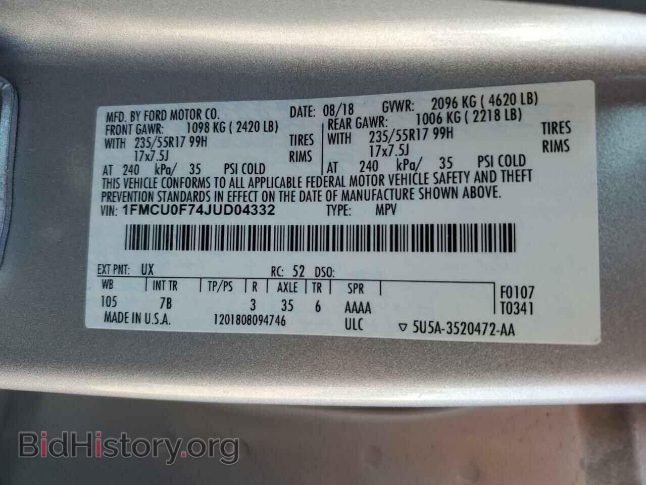 2018 FORD ESCAPE - VIN: 1FMCU0F74JUD04332 - Фото 12