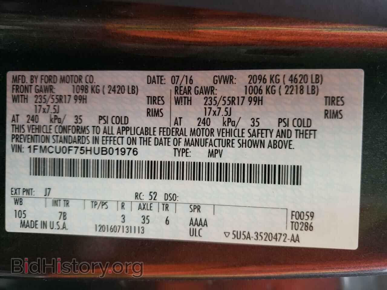 2017 FORD ESCAPE - VIN: 1FMCU0F75HUB01976 - Фото 10