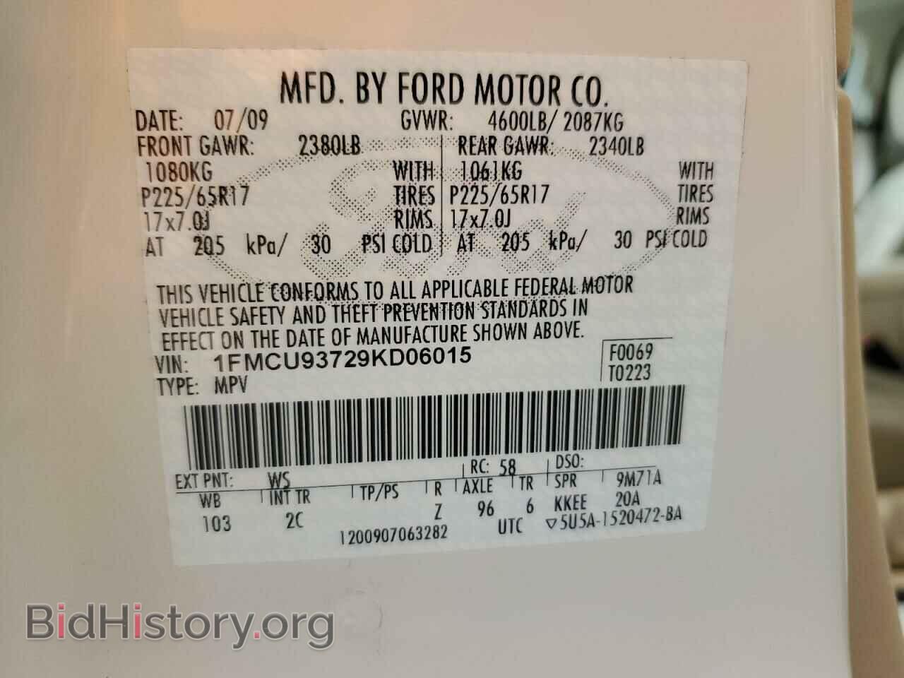 2009 FORD ESCAPE - VIN: 1FMCU93729KD06015 - Фото 10