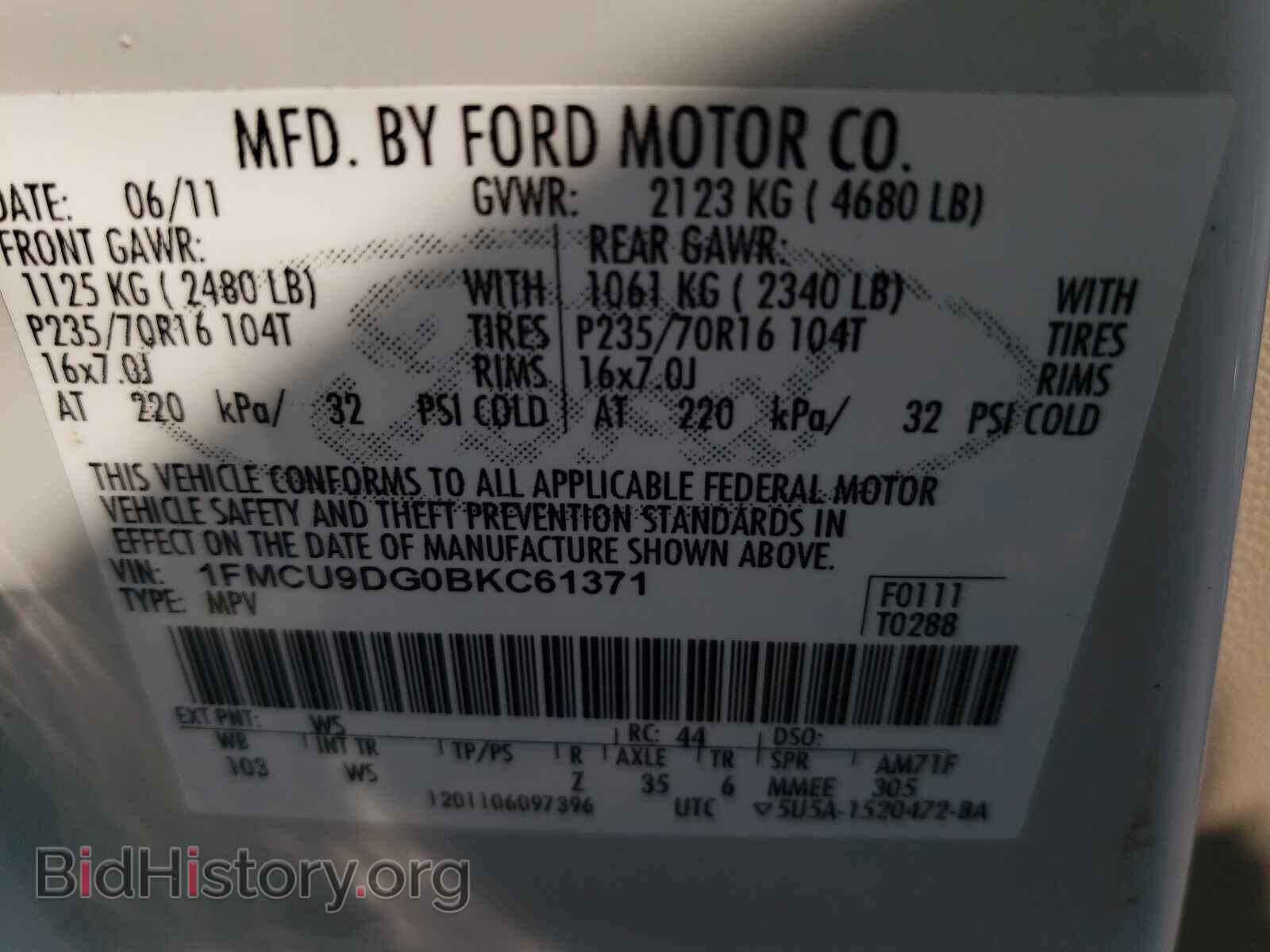 2011 FORD ESCAPE - VIN: 1FMCU9DG0BKC61371 - Фото 10