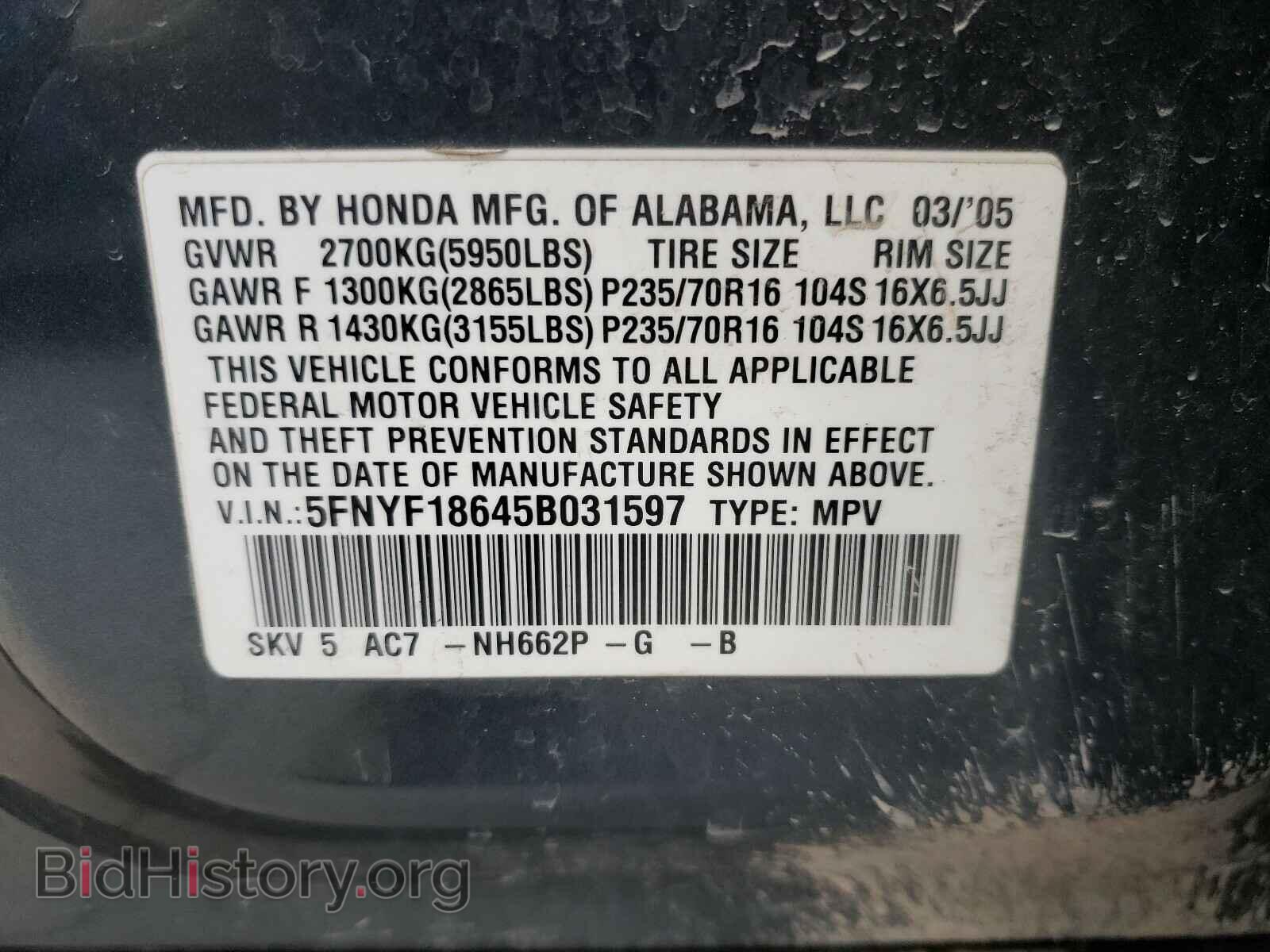 2005 HONDA PILOT - VIN: 5FNYF18645B031597 - Фото 10