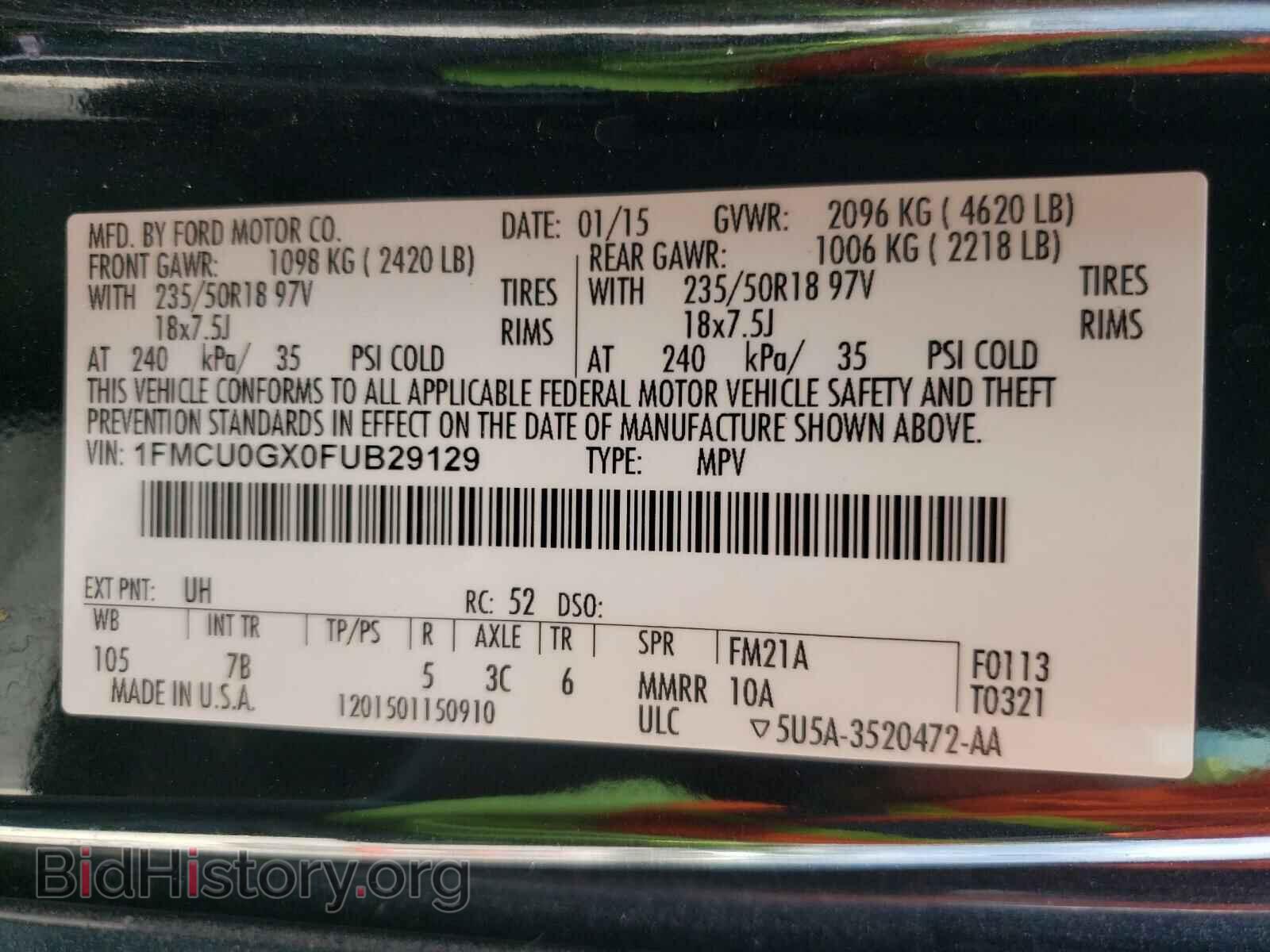 2015 FORD ESCAPE - VIN: 1FMCU0GX0FUB29129 - Фото 10