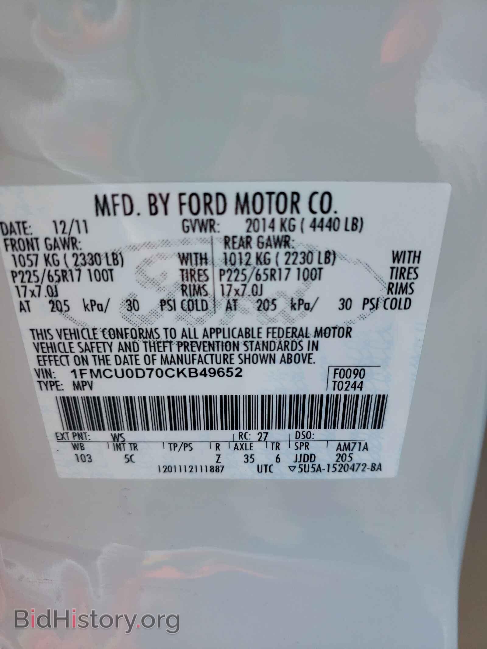 2012 FORD ESCAPE - VIN: 1FMCU0D70CKB49652 - Фото 10