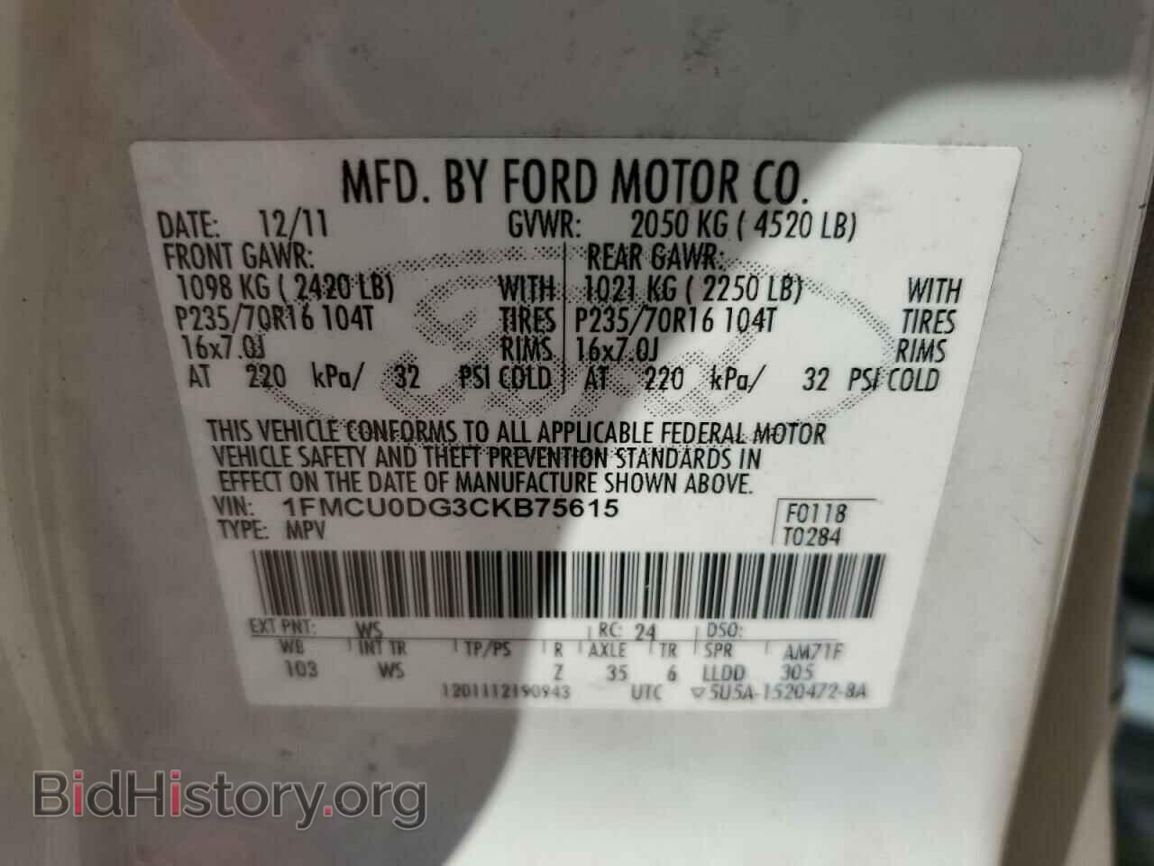 2012 FORD ESCAPE - VIN: 1FMCU0DG3CKB75615 - Фото 13
