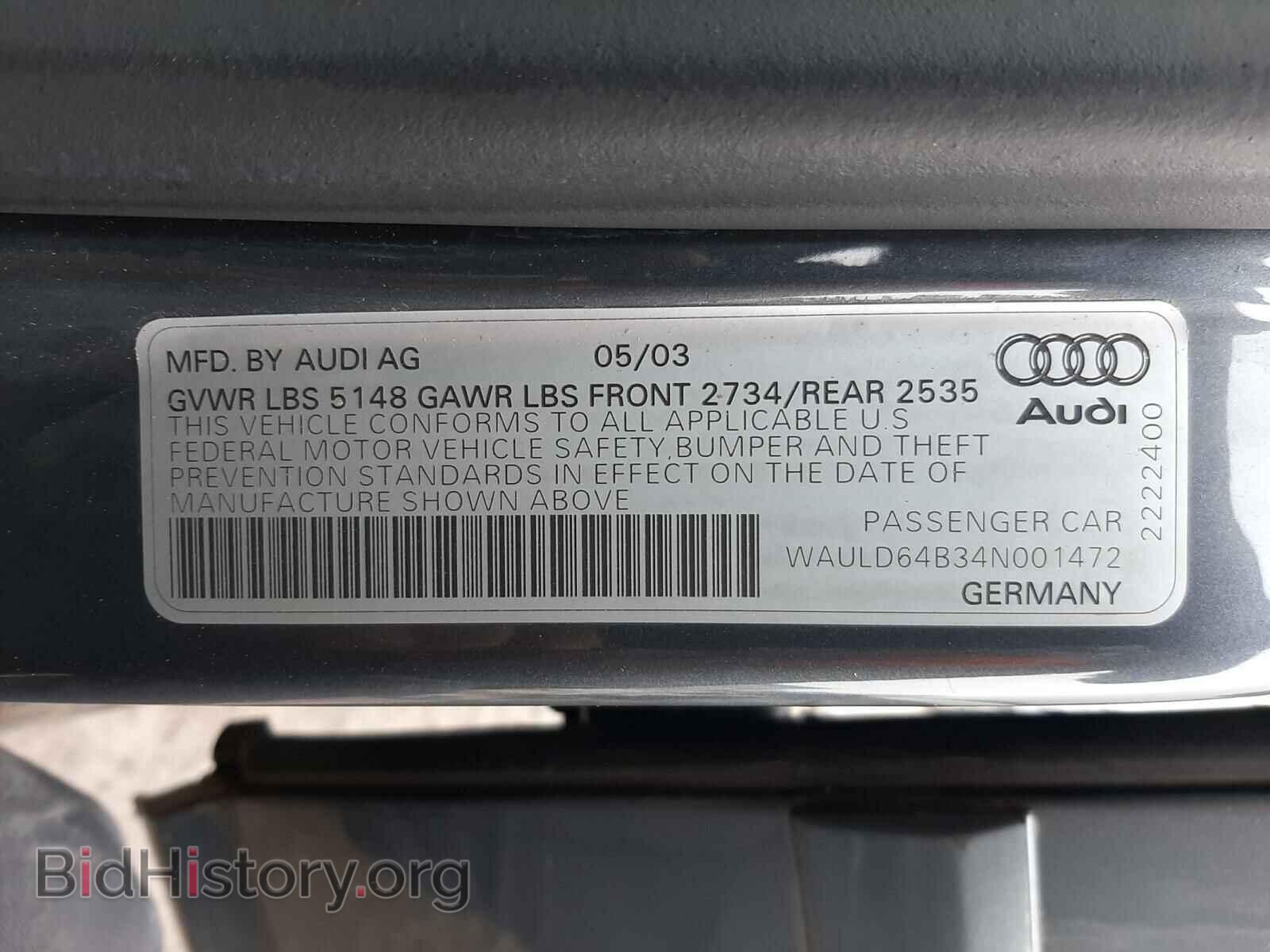 2004 AUDI A6 - VIN: WAULD64B34N001472 - Фото 10