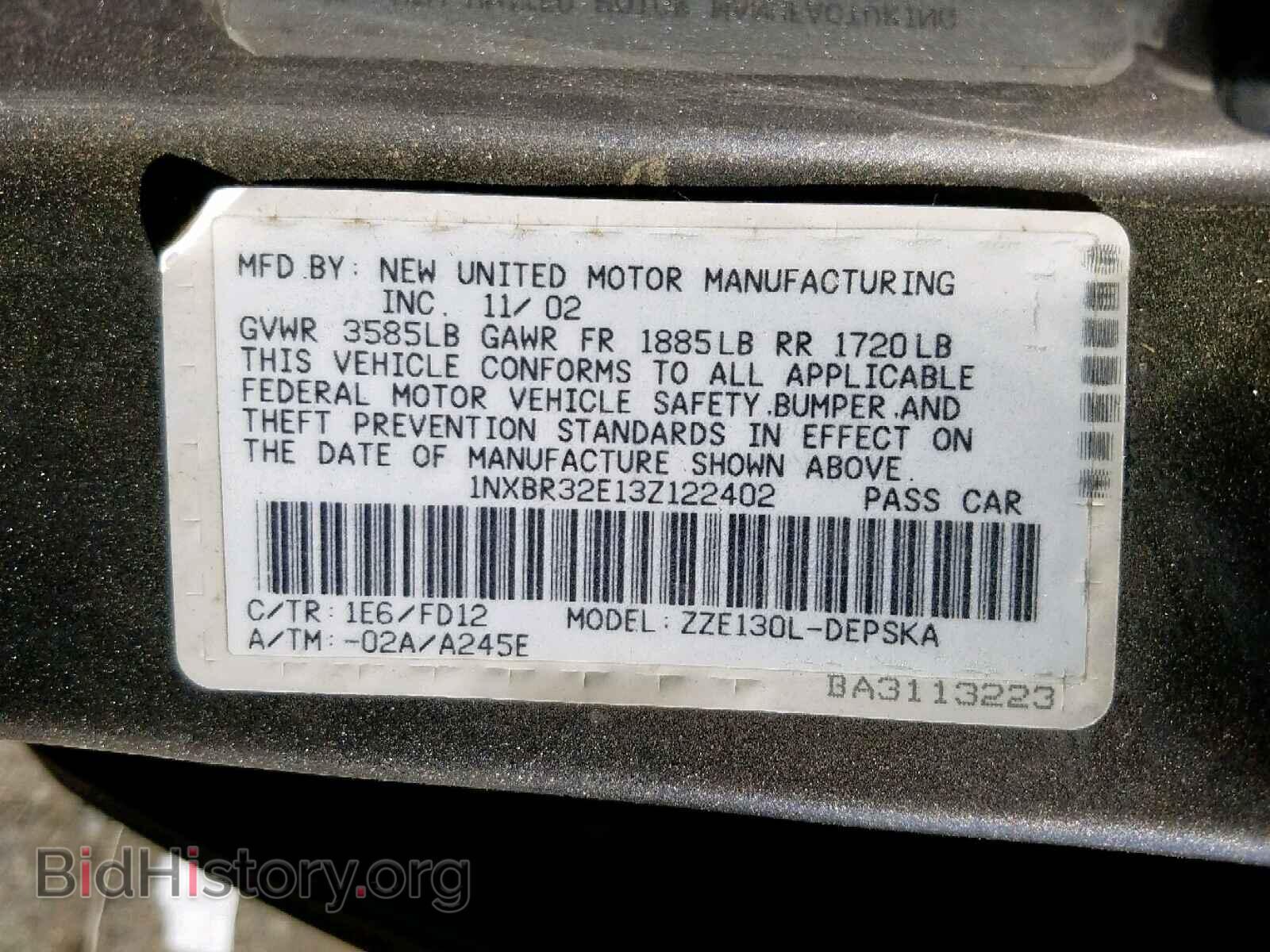 2003 TOYOTA COROLLA - VIN: 1NXBR32E13Z122402 - Фото 10