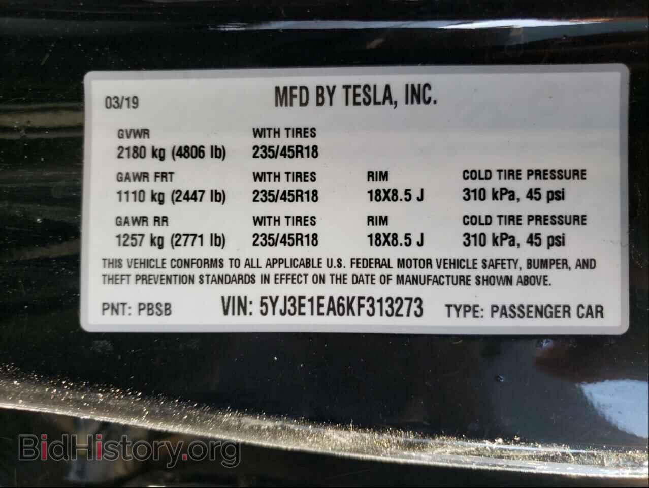 2019 TESLA MODEL 3 - VIN: 5YJ3E1EA6KF313273 - Фото 10