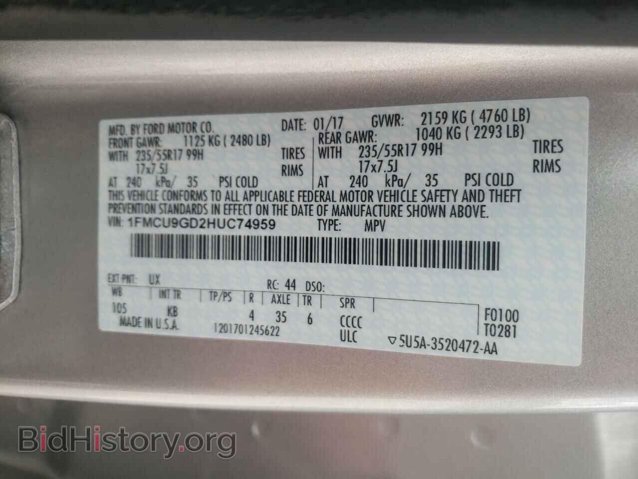 2017 FORD ESCAPE - VIN: 1FMCU9GD2HUC74959 - Фото 10
