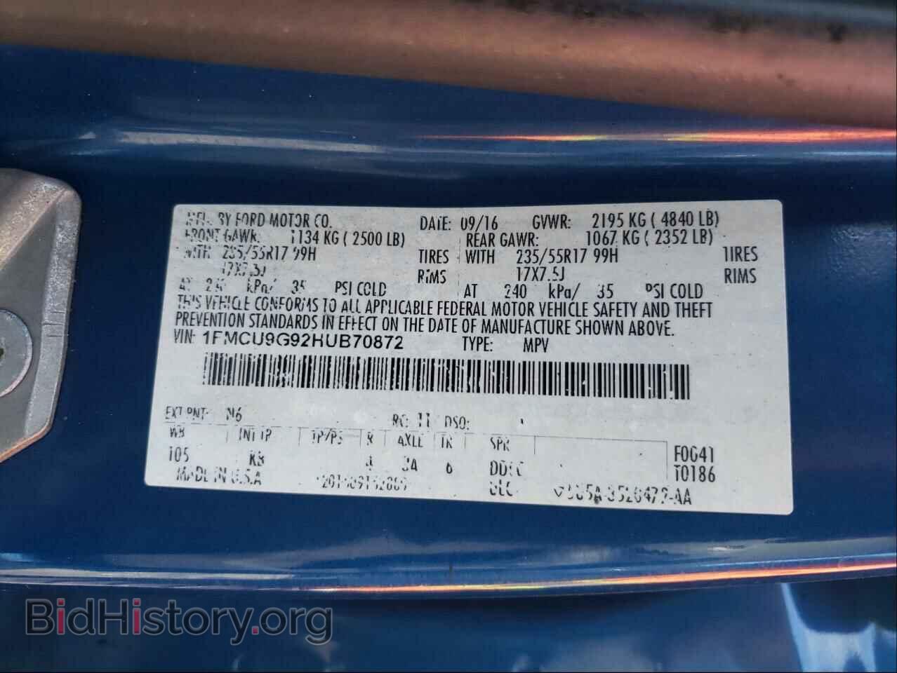 2017 FORD ESCAPE - VIN: 1FMCU9G92HUB70872 - Фото 10