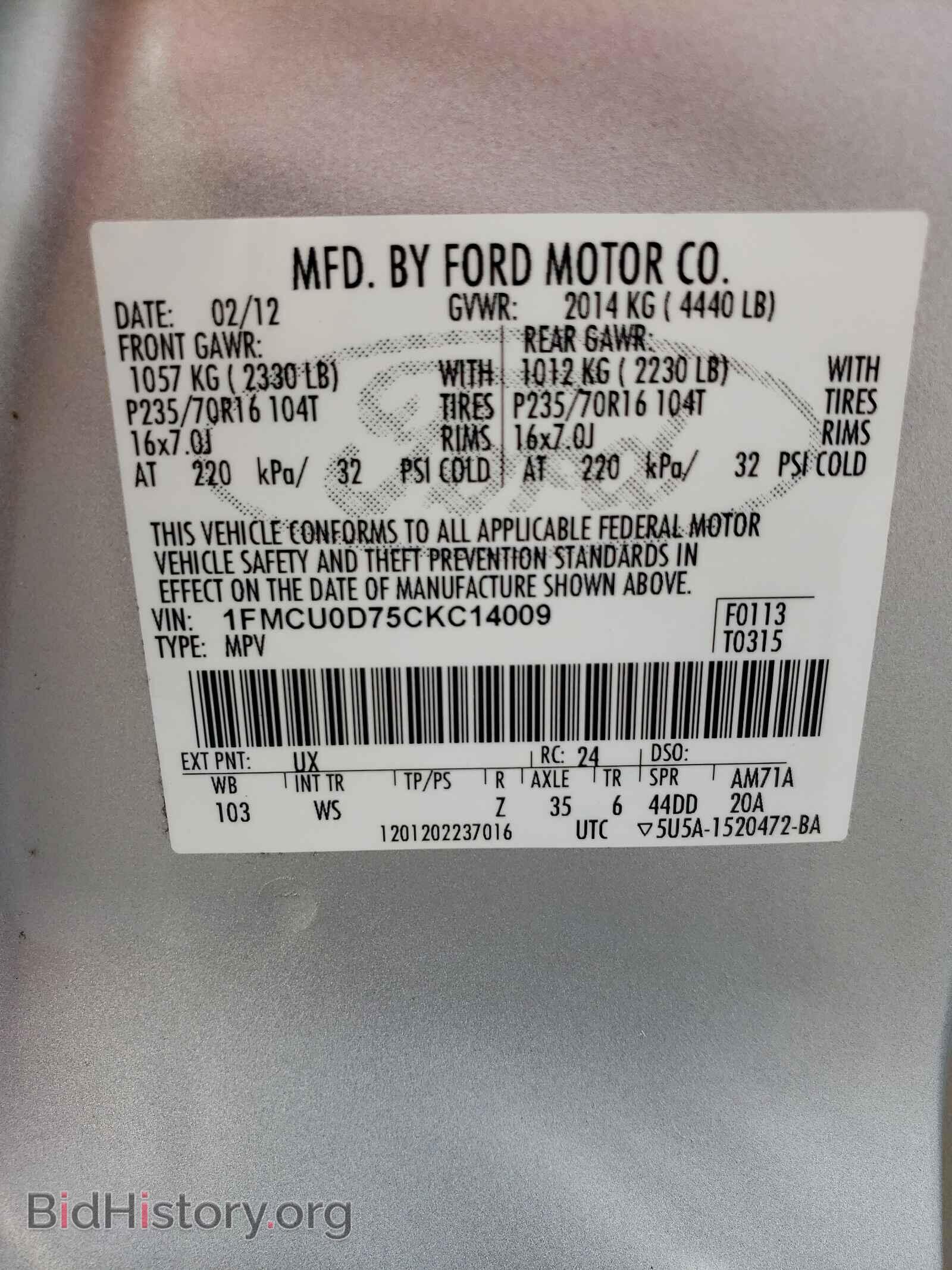 2012 FORD ESCAPE - VIN: 1FMCU0D75CKC14009 - Фото 10
