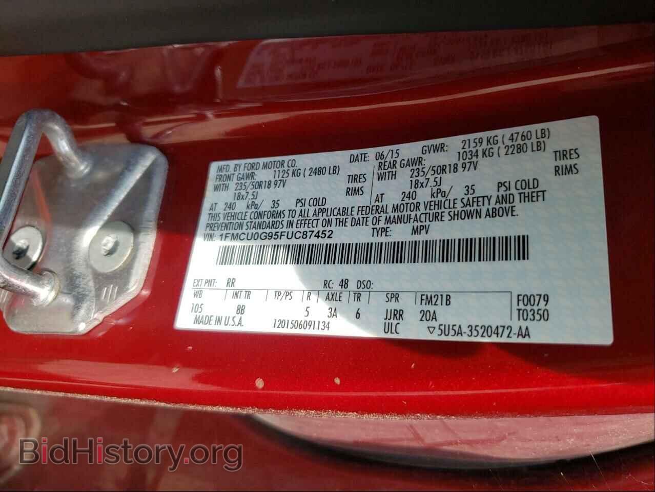 2015 FORD ESCAPE - VIN: 1FMCU0G95FUC87452 - Фото 10