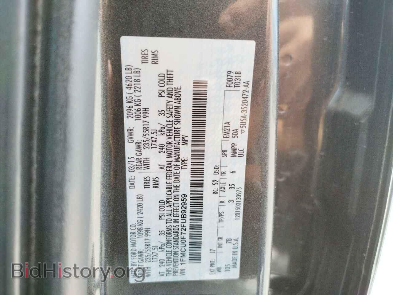 2015 FORD ESCAPE - VIN: 1FMCU0F72FUB92959 - Фото 10