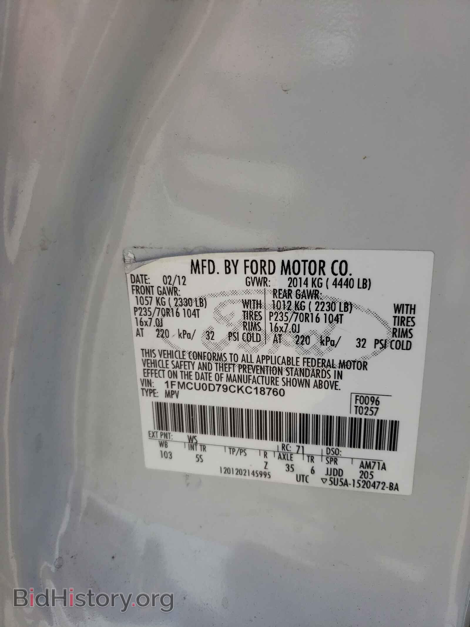2012 FORD ESCAPE - VIN: 1FMCU0D79CKC18760 - Фото 10