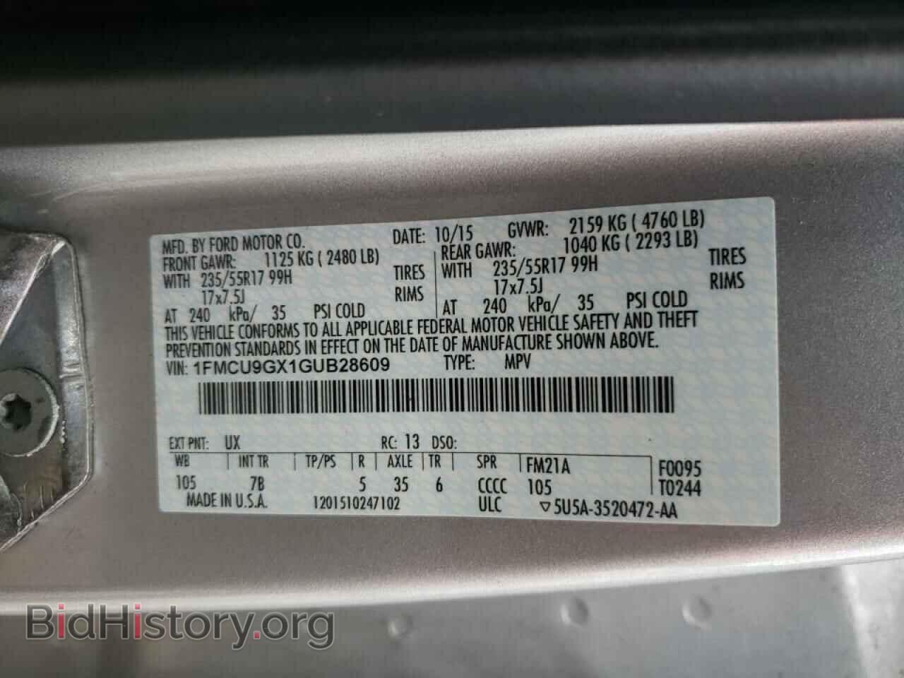 2016 FORD ESCAPE - VIN: 1FMCU9GX1GUB28609 - Фото 10