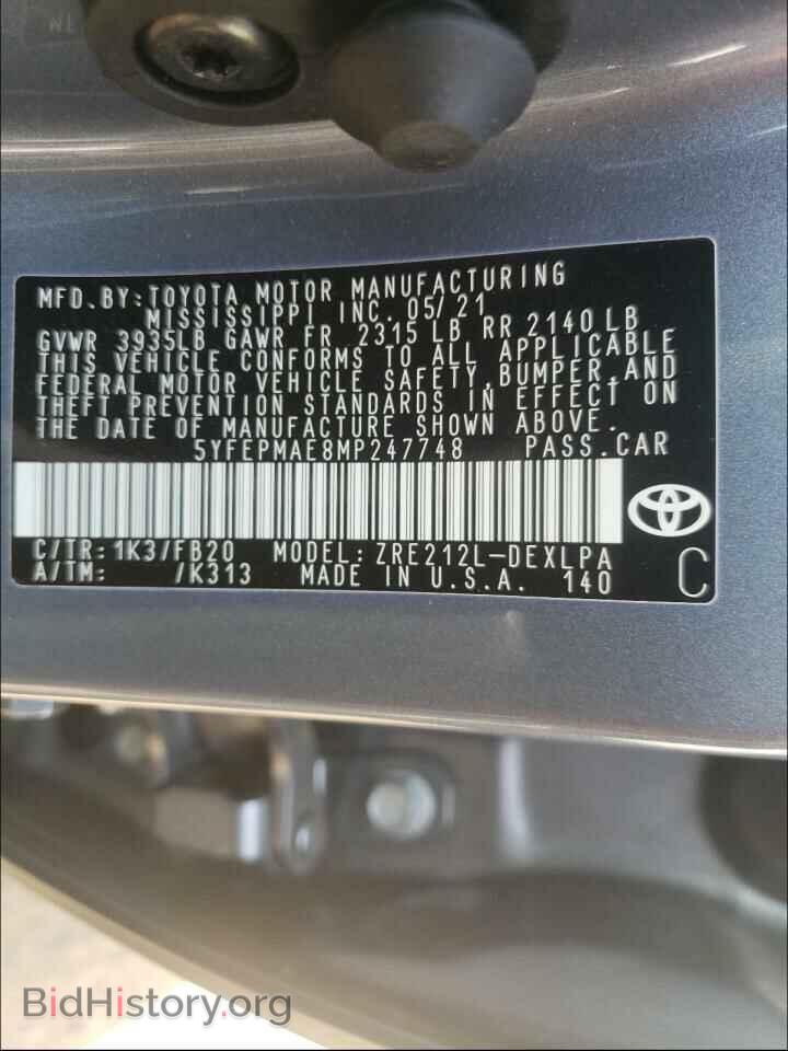 2021 TOYOTA COROLLA - VIN: 5YFEPMAE8MP247748 - Фото 10