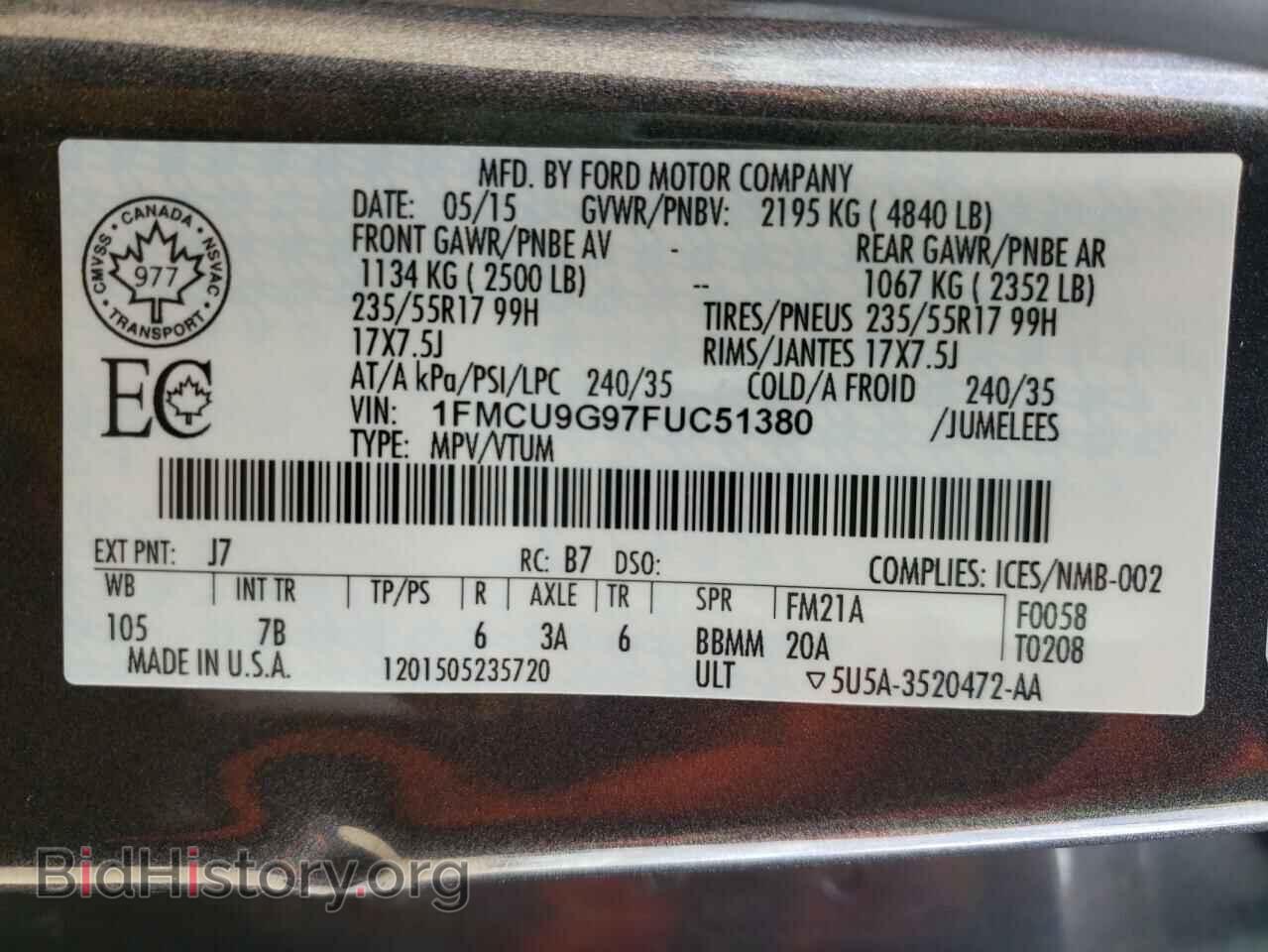 2015 FORD ESCAPE - VIN: 1FMCU9G97FUC51380 - Photo 10